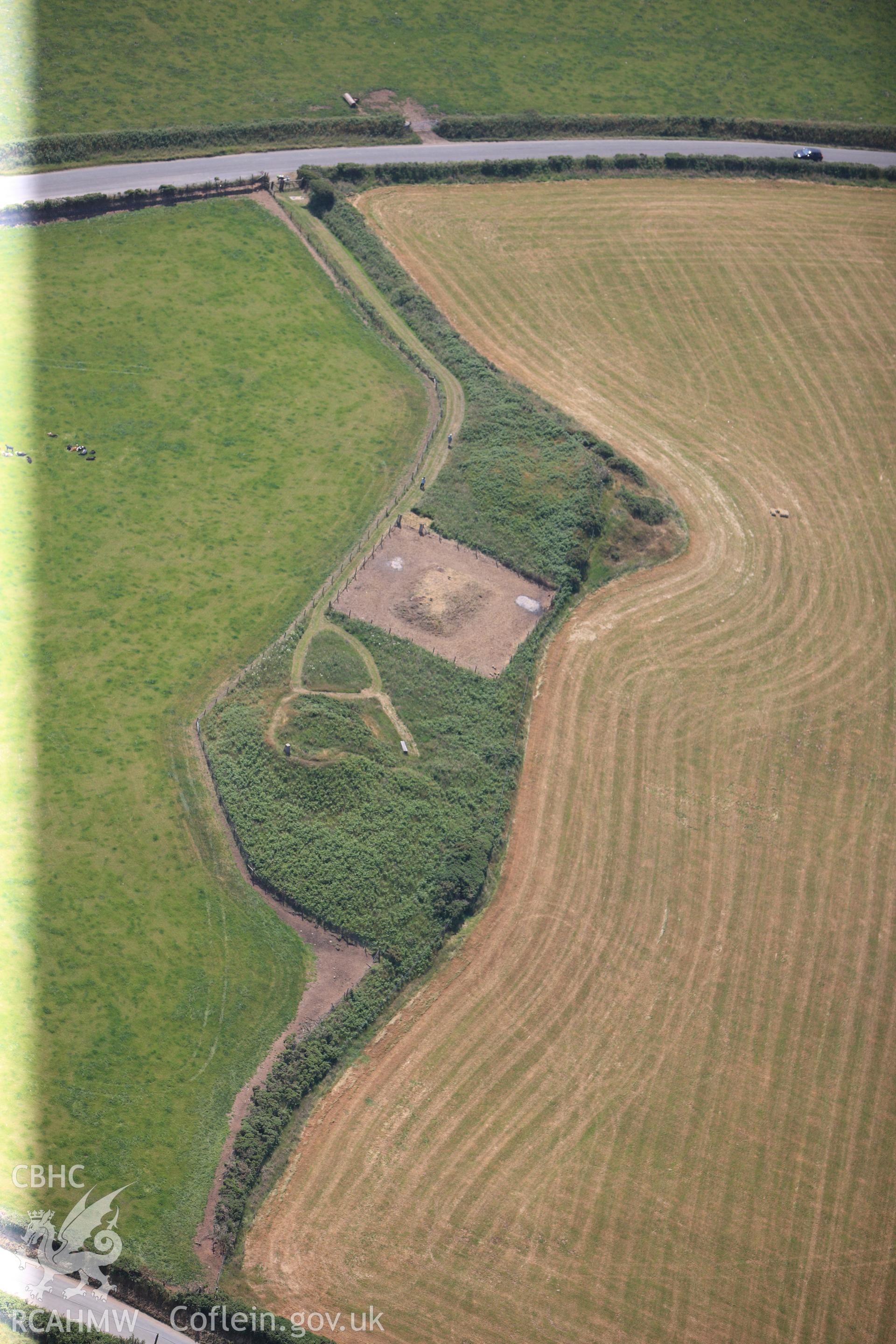 Crugiau Cemmaes barrows, south west of Cardigan. Oblique aerial photograph taken during the Royal Commission?s programme of archaeological aerial reconnaissance by Toby Driver on 12th July 2013.