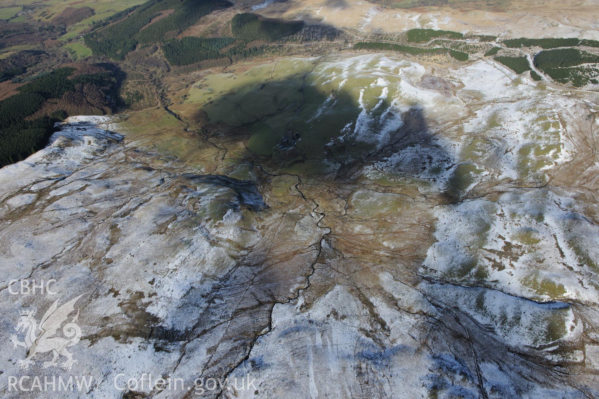 Settlement at Blaen-Glasffrwd, south east of Pontrhydfendigaid. Oblique aerial photograph taken during the Royal Commission's programme of archaeological aerial reconnaissance by Toby Driver on 4th February 2015.