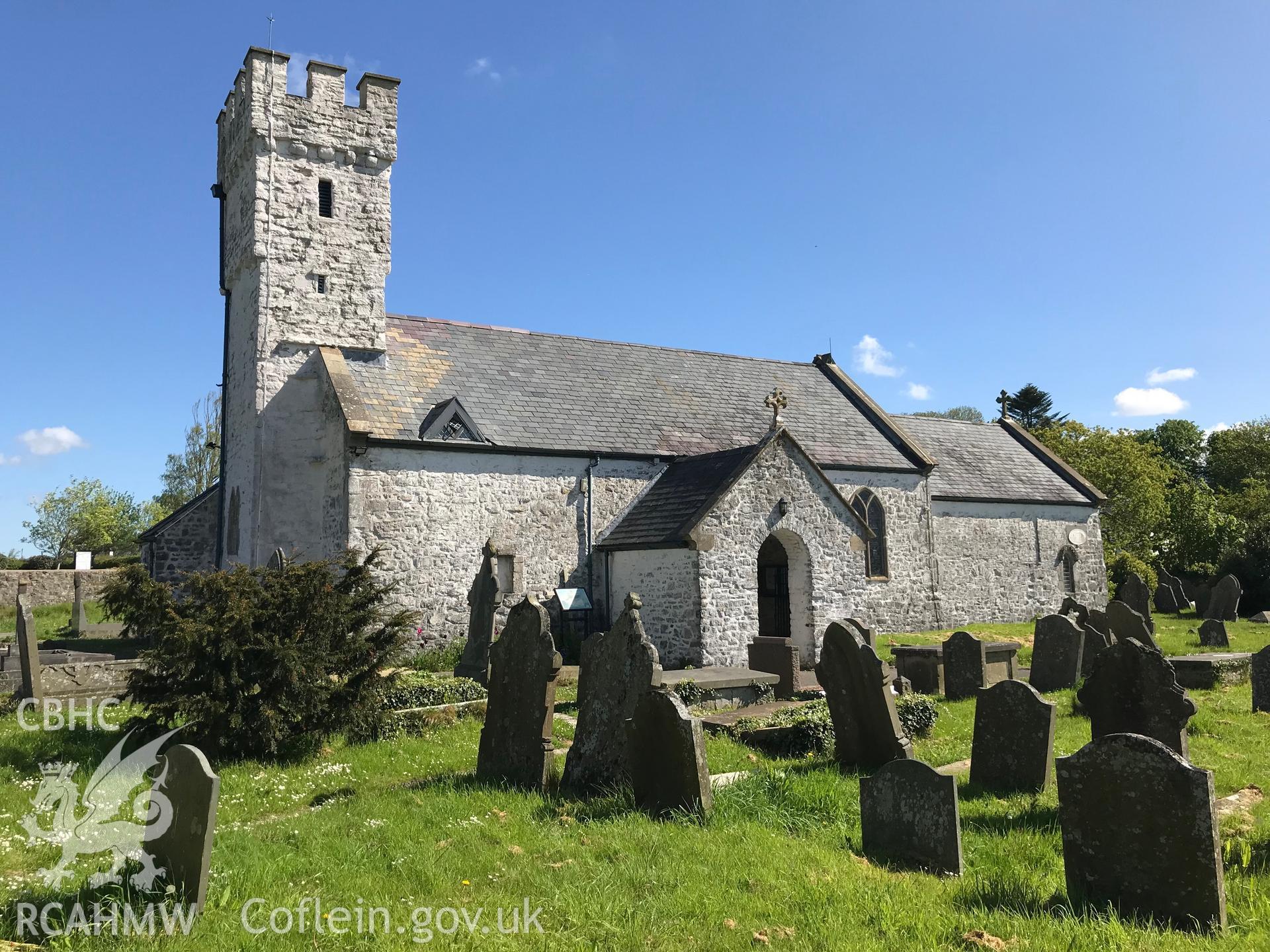 Colour photo showing exterior view of St. Mary's church and graveyard, Pennard, taken by Paul R. Davis, 13th May 2018.