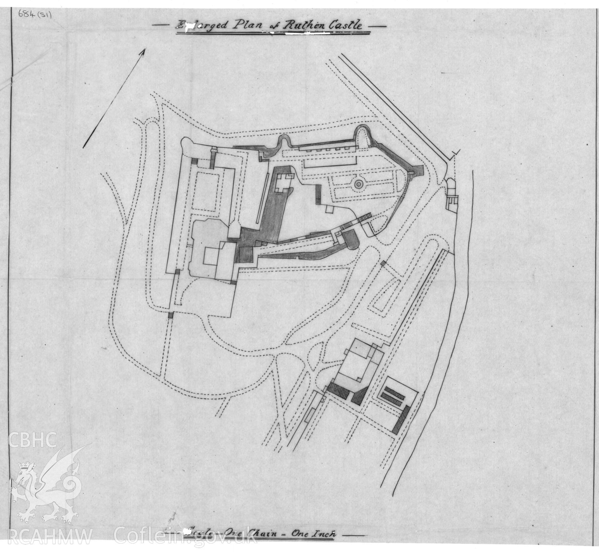 Digital copy of  RCAHMW drawing showing plan of Ruthin Castle.