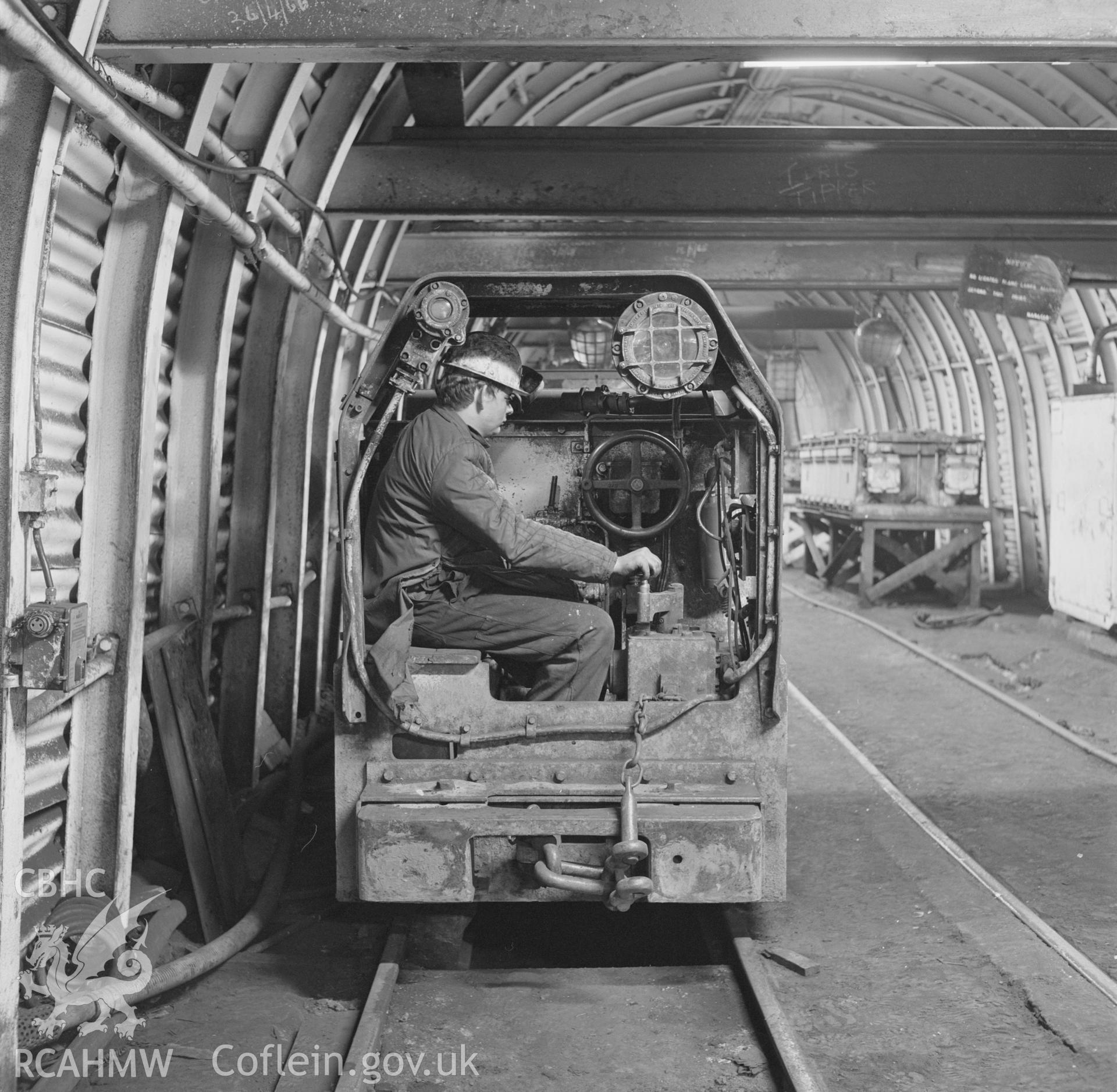 Digital copy of an acetate negative showing electric locomotive near pit bottom at Penallta Colliery, from the John Cornwell Collection.