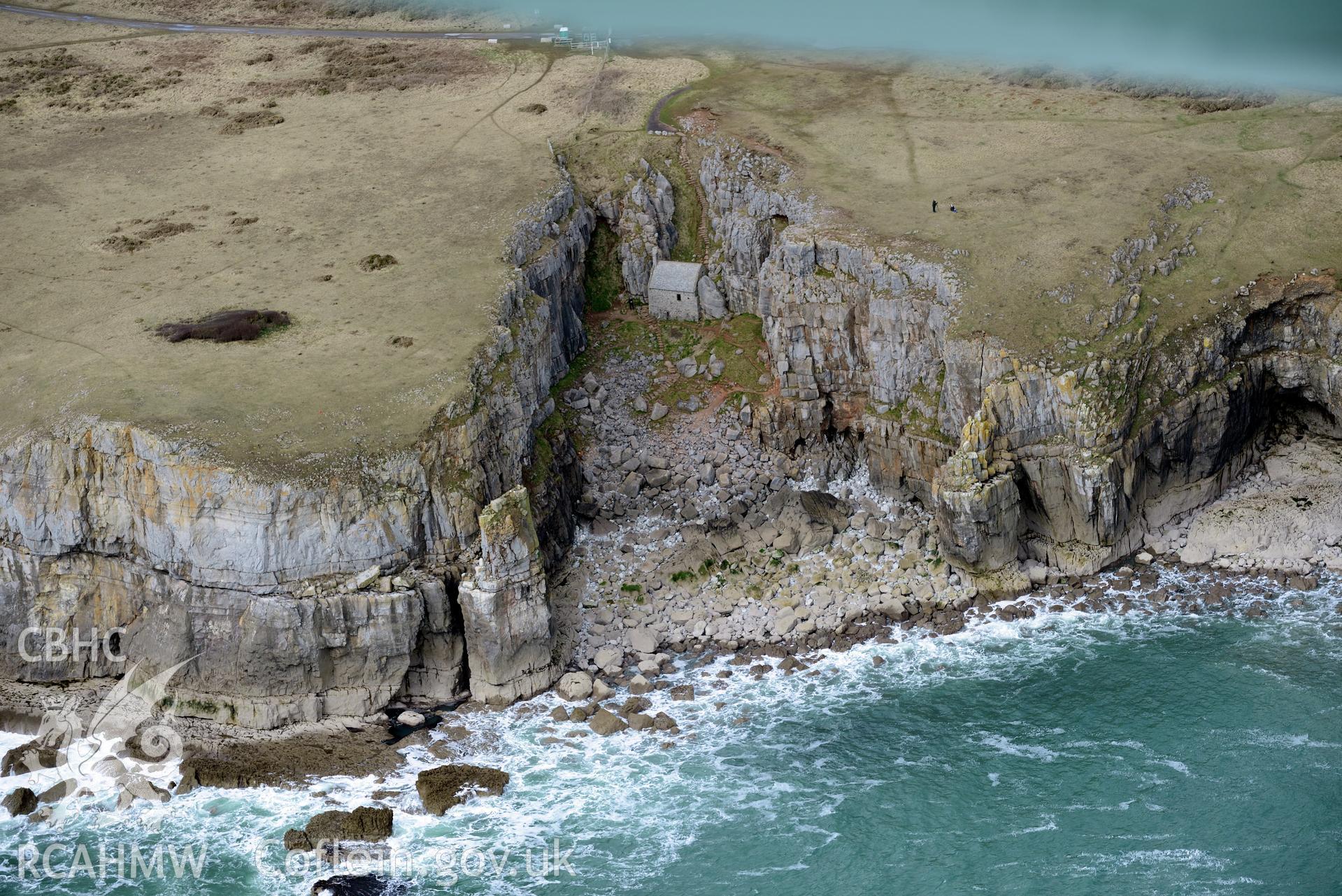 St Govan's Chapel. Baseline aerial reconnaissance survey for the CHERISH Project. ? Crown: CHERISH PROJECT 2018. Produced with EU funds through the Ireland Wales Co-operation Programme 2014-2020. All material made freely available through the Open Government Licence.