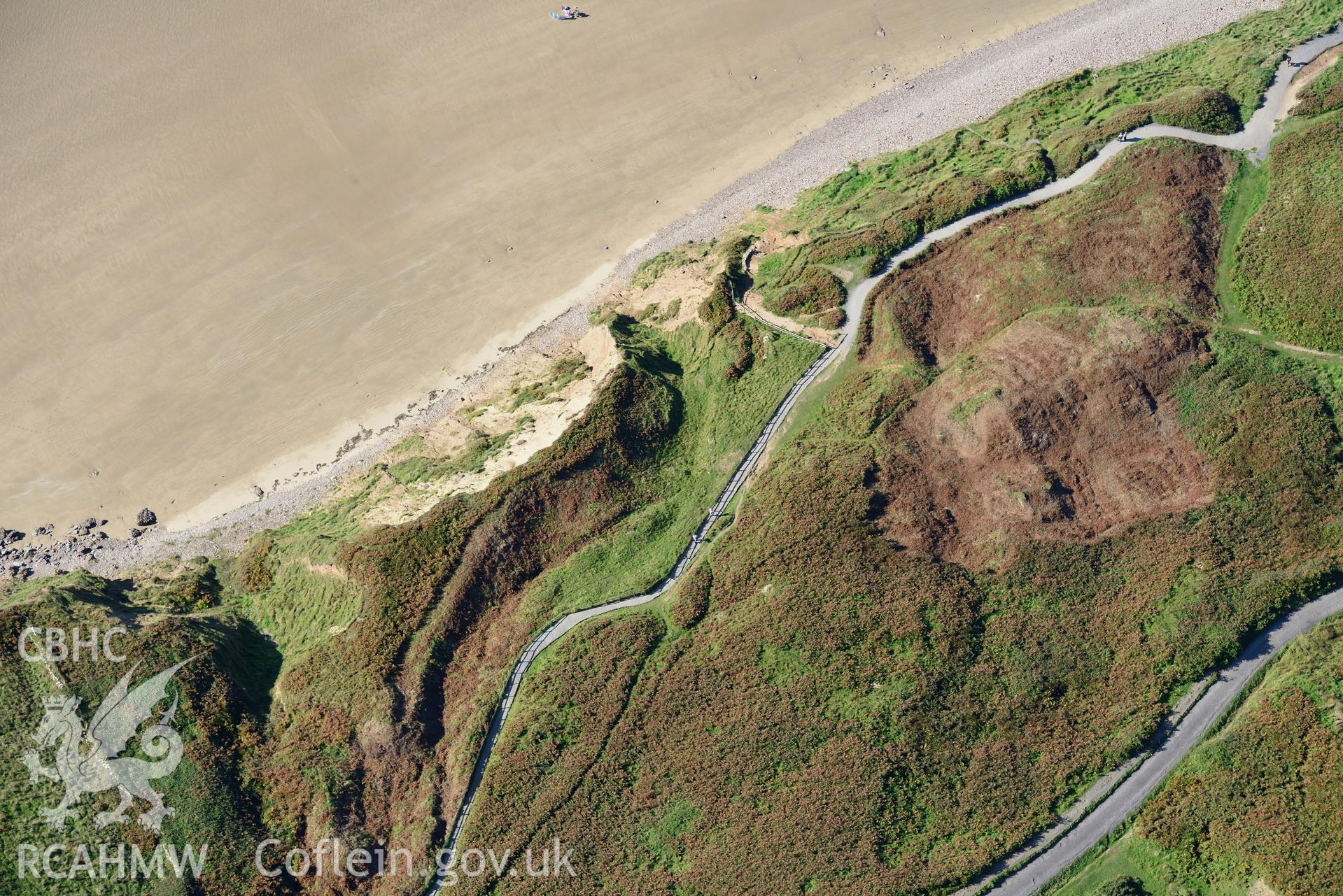 Rhossili Medieval Settlement, just above the sands at Rhosili Bay on the western edge of the Gower Peninsula. Oblique aerial photograph taken during the Royal Commission's programme of archaeological aerial reconnaissance by Toby Driver on 30th September 2015.