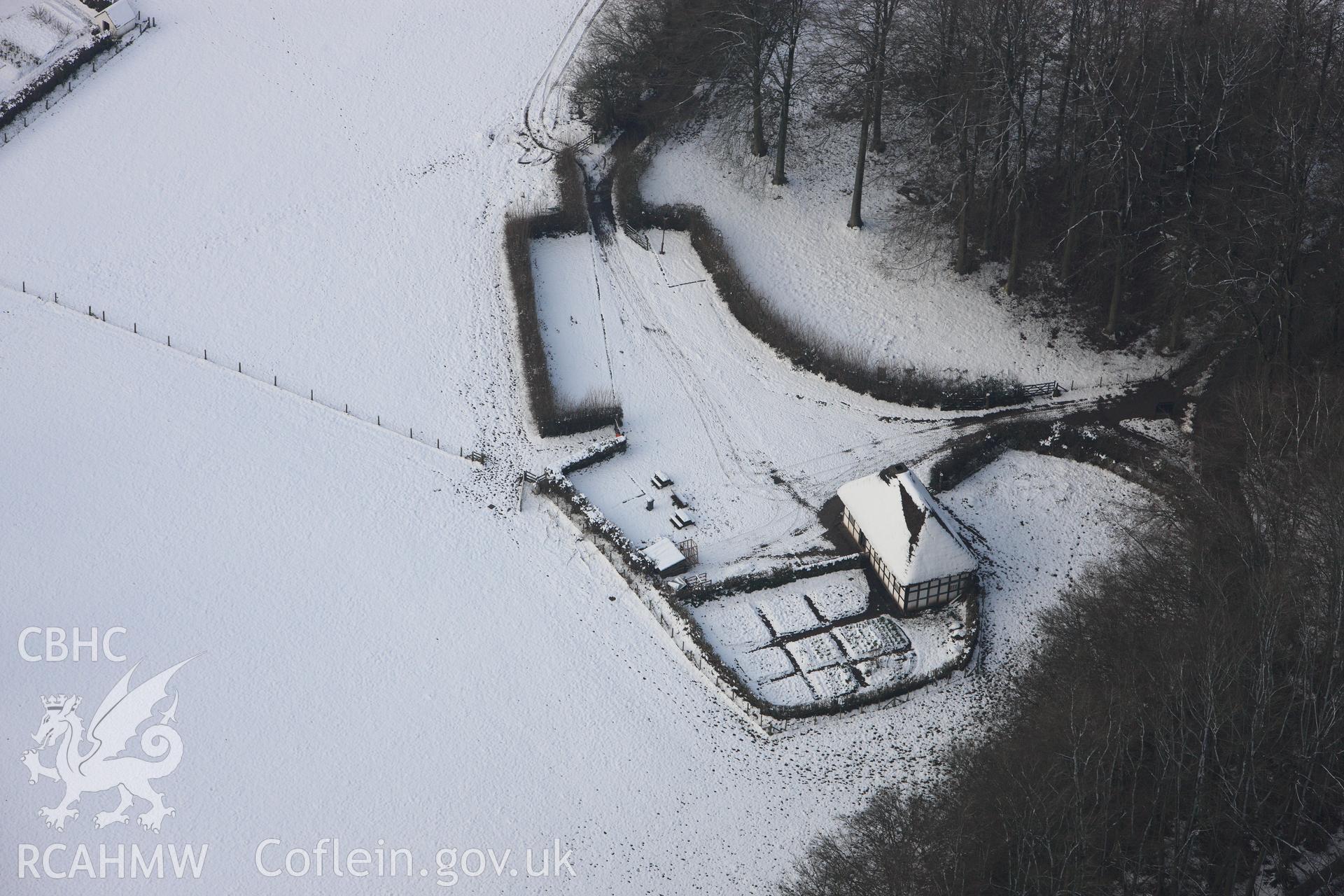 Abernodwydd House at St Fagans Mueseum of Welsh Life. Oblique aerial photograph taken during the Royal Commission?s programme of archaeological aerial reconnaissance by Toby Driver on 24th January 2013.