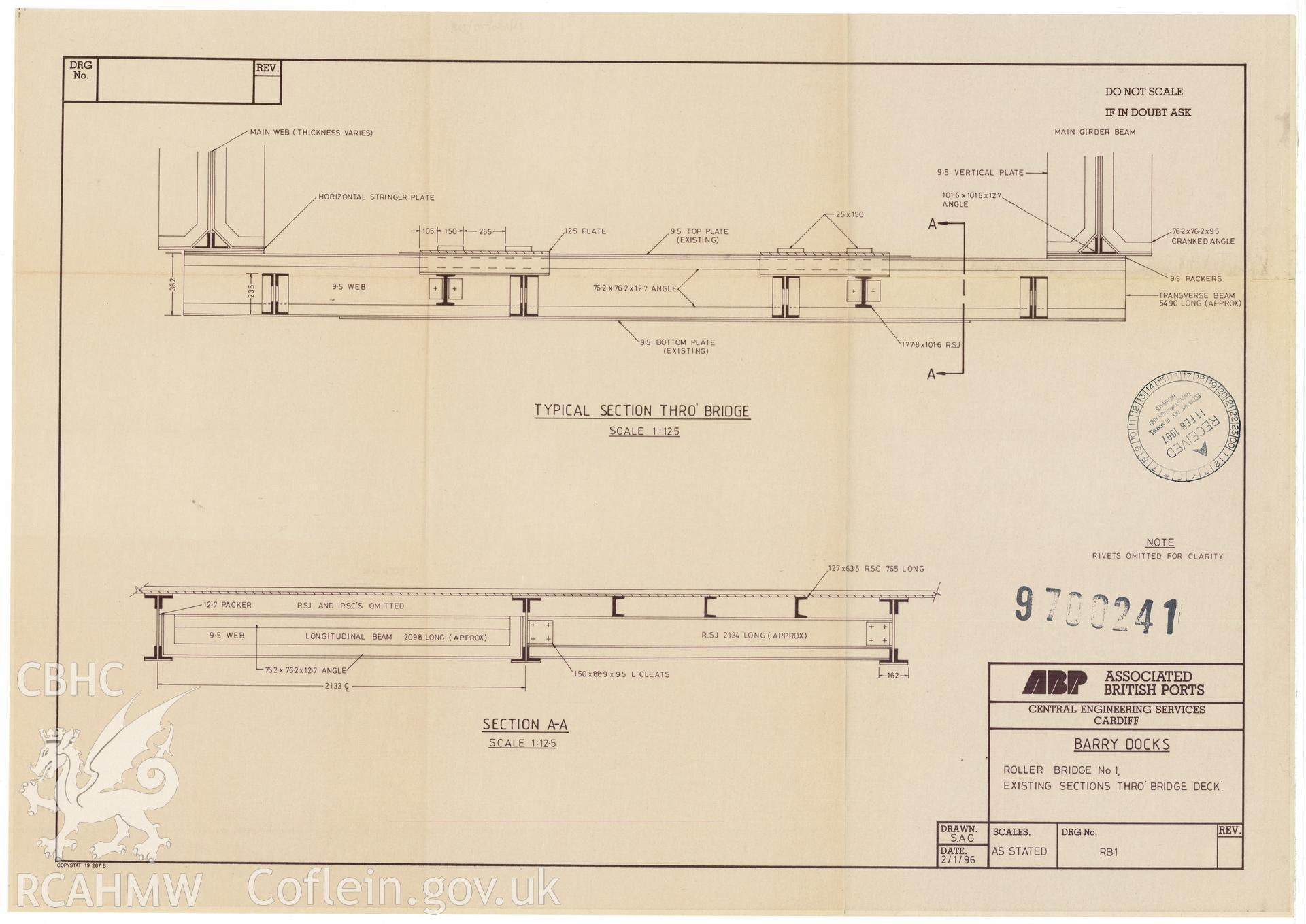 Section drawing of Roller Bridge No.1. nprn 308595. cat 41851. ref. Section RB1.