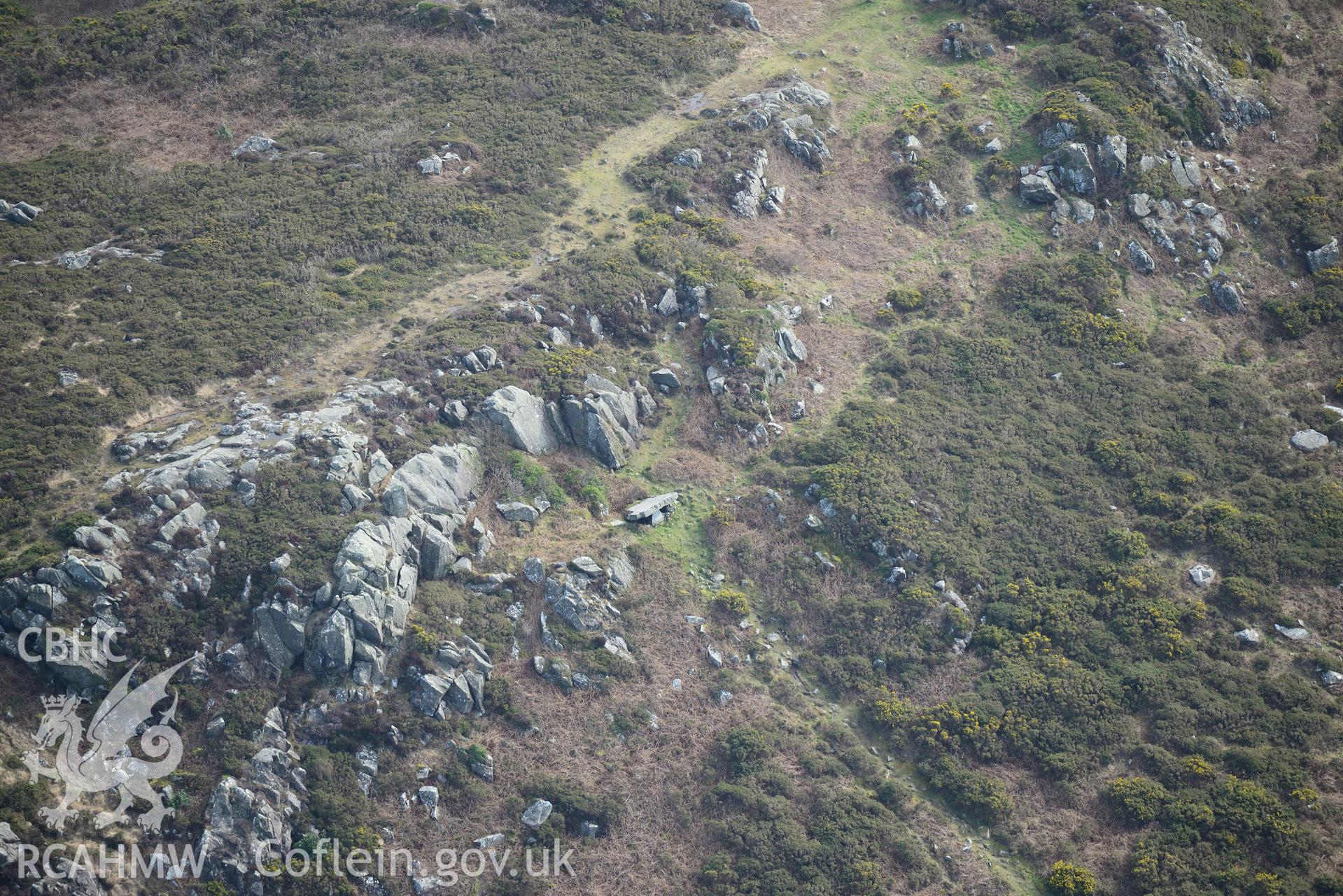 Carreg Samson or Carn Wnda chambered tomb, Llanwnda, near Fishguard. Oblique aerial photograph taken during the Royal Commission's programme of archaeological aerial reconnaissance by Toby Driver on 13th March 2015.