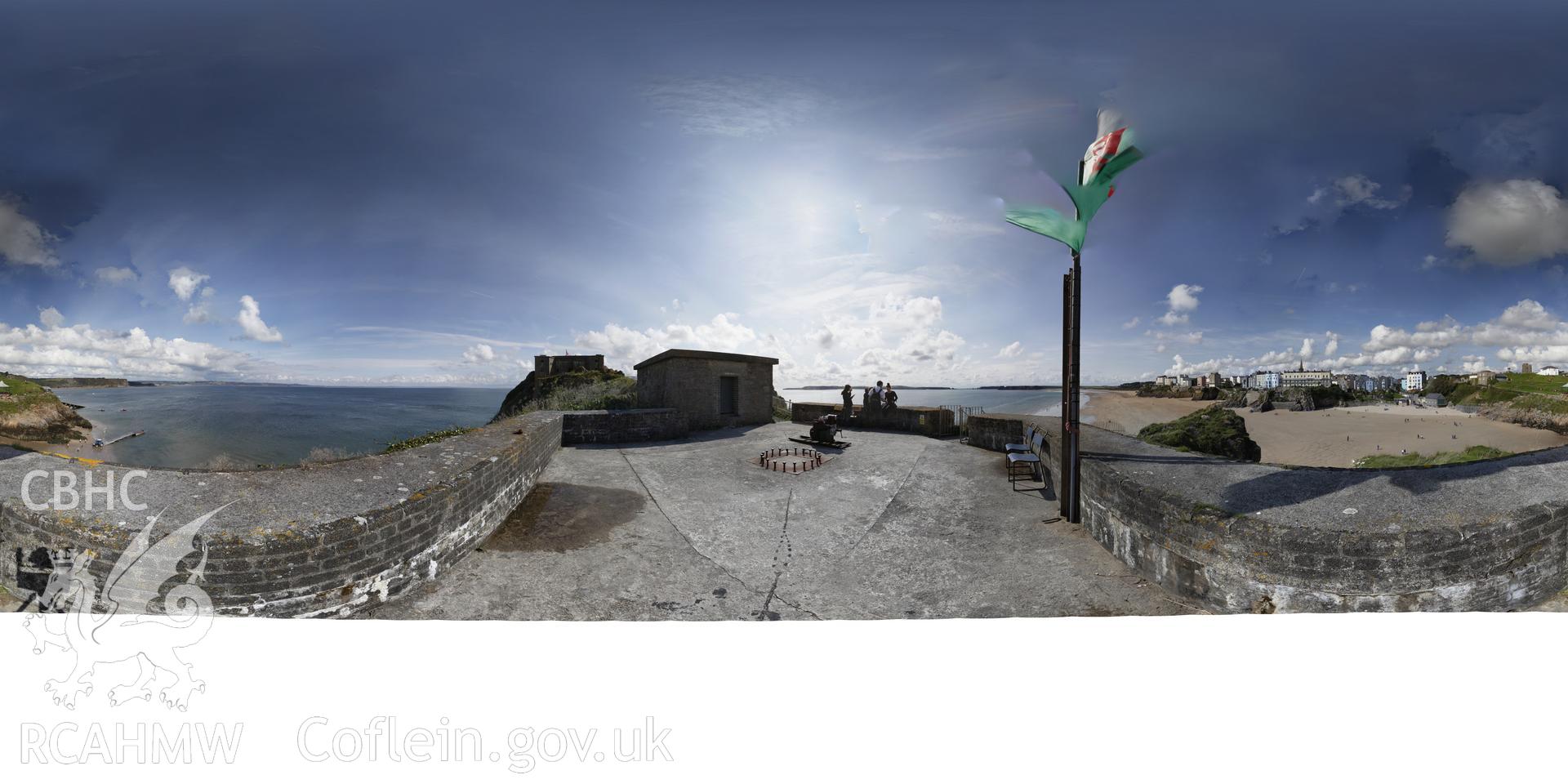 Reduced resolution tiff of stitched images from St Catherines Fort, Tenby survey, carried out by  Sue Fielding and Rita Singer, July 2017. Produced through European Travellers to Wales project. Uncropped tiff required for panotour.