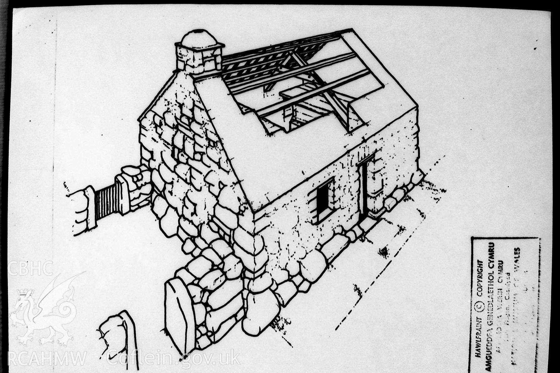 Digitised diagram of Llainfadyn Cottage, showing exterior front elevation with attached enclosure and cut-away of the roof. Reproduced by Martin Davis in his Bachelor of Architecture dissertation courtesy of St. Fagan National Museum of History, 1979.