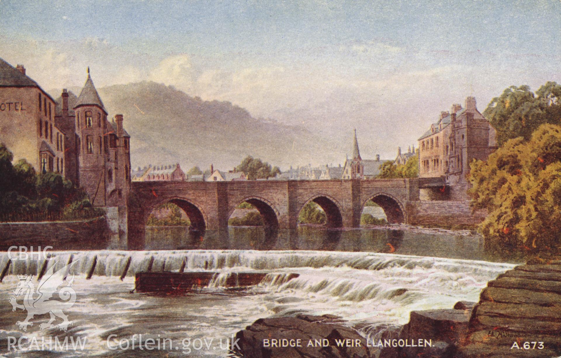 Digital copy of a postcard from the Dave Davies Collection showing a view of the bridge and weir, Llangollen.