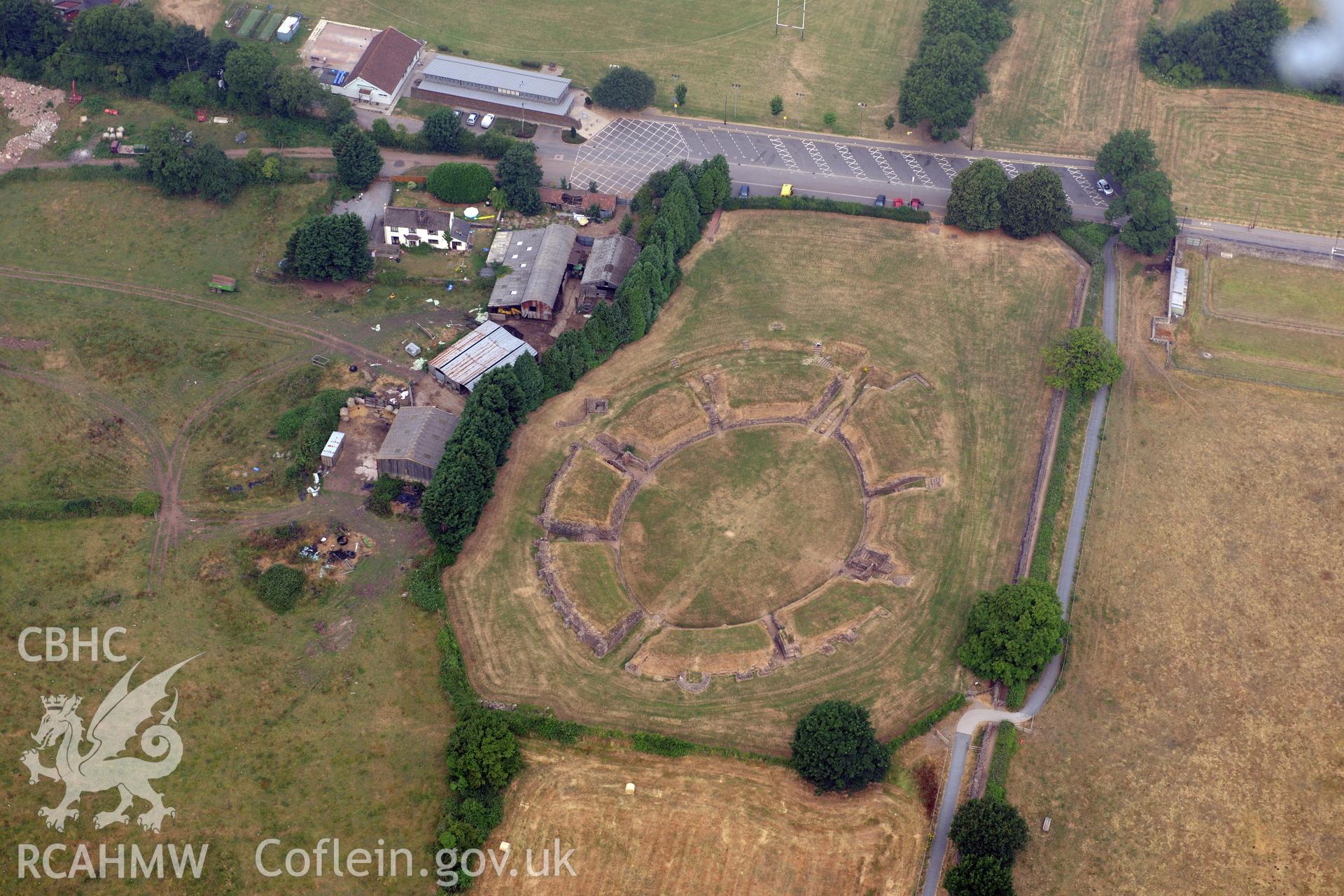 Royal Commission aerial photography of Caerleon amphitheatre taken during drought conditions on 22nd July 2013.