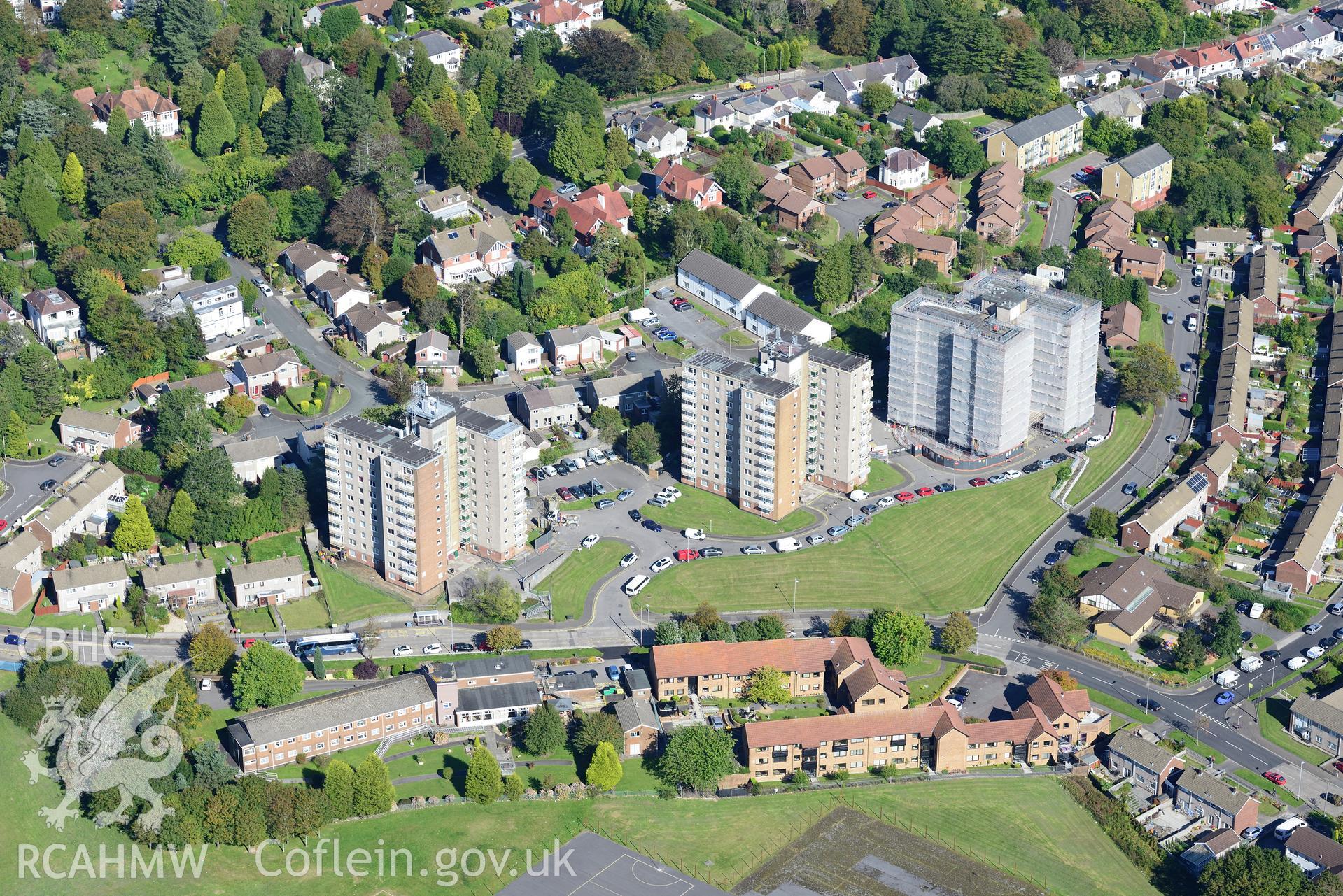 Clyne Court tower blocks, Sketty, Swansea. Oblique aerial photograph taken during the Royal Commission's programme of archaeological aerial reconnaissance by Toby Driver on 30th September 2015.