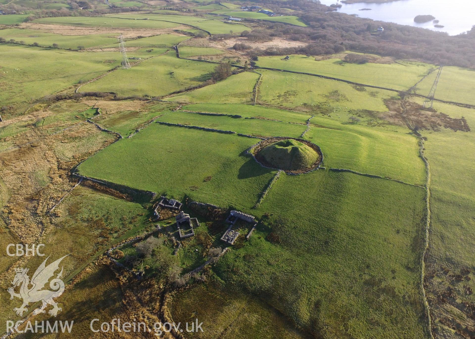 Aerial view from the north east of Tomen-y-Mur and Tomen-y-Mur farm, with Llyn Trawsfynydd beyond, Maentwrog. Colour photograph taken by Paul R. Davis on 15th March 2017.