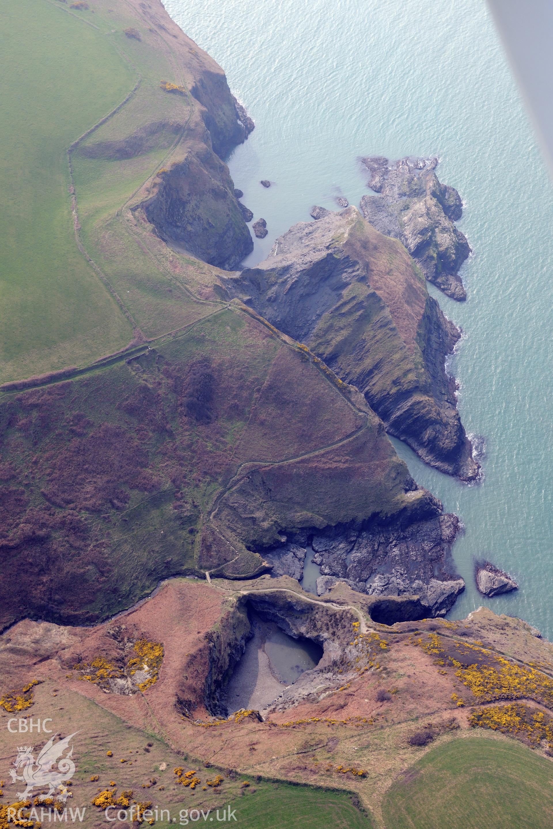 Aerial photography of Castell Treruffydd taken on 27th March 2017. Baseline aerial reconnaissance survey for the CHERISH Project. ? Crown: CHERISH PROJECT 2017. Produced with EU funds through the Ireland Wales Co-operation Programme 2014-2020. All material made freely available through the Open Government Licence.