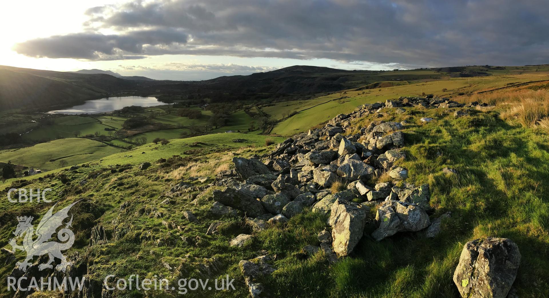 Digital colour photograph showing small hillfort north east of Gelli Ffrydiau, near Nantlle, Llanllyfni, taken by Paul Davis on 3rd December 2019.