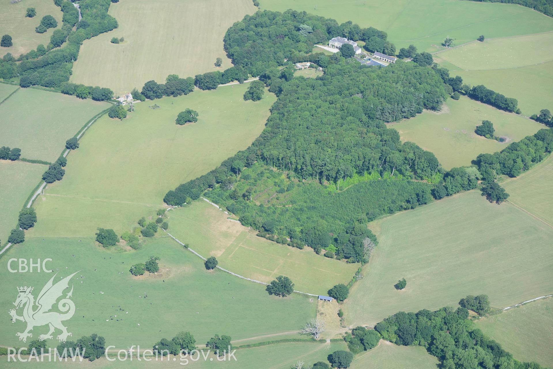 Royal Commission aerial photography of Plas Heaton Gardens, showing cropmarks of a former walled garden at SJ 033 686, taken on 19th July 2018 during the 2018 drought.