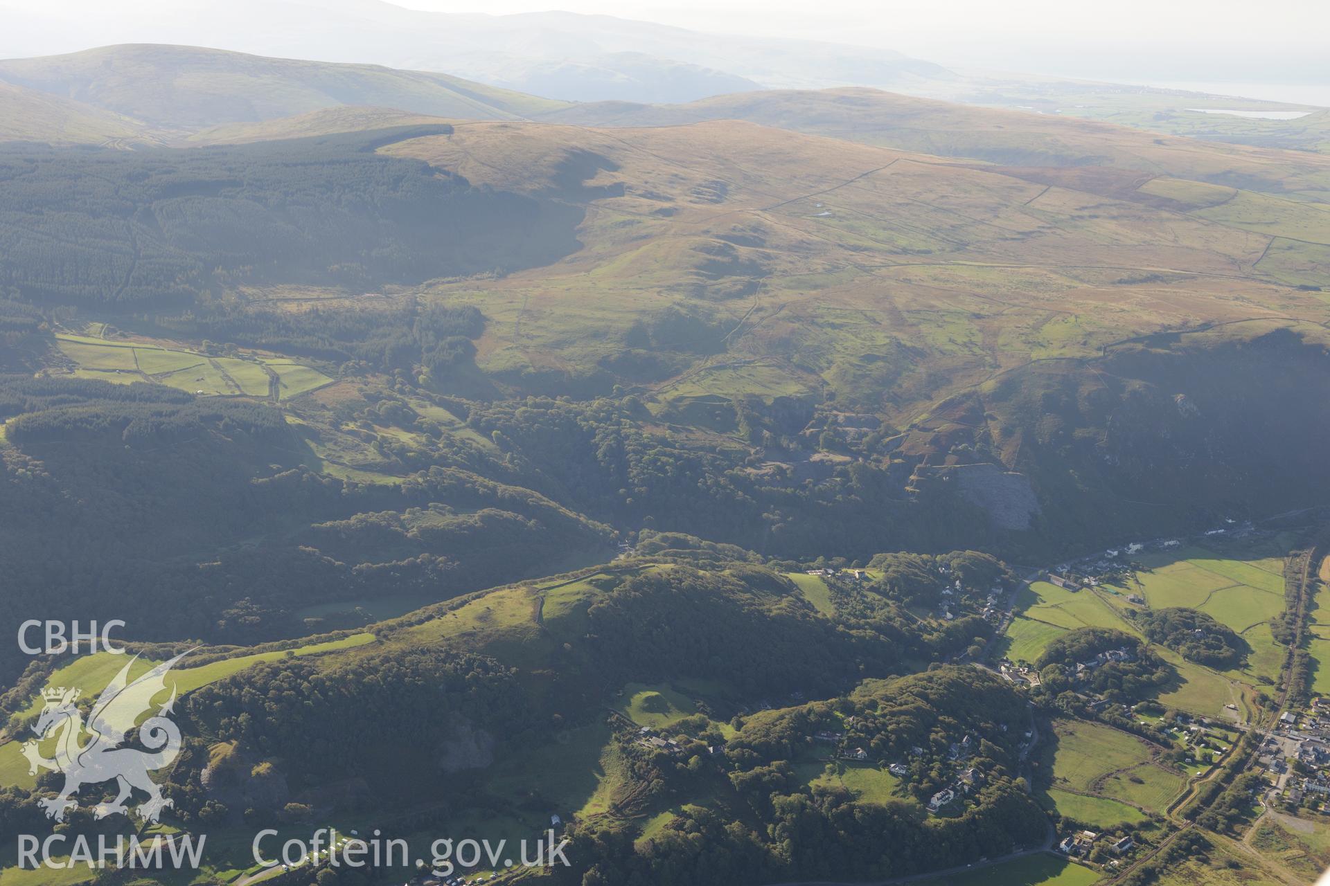 Hen-Ddol slate quarry, south east of Fairbourne. Oblique aerial photograph taken during the Royal Commission's programme of archaeological aerial reconnaissance by Toby Driver on 2nd October 2015.