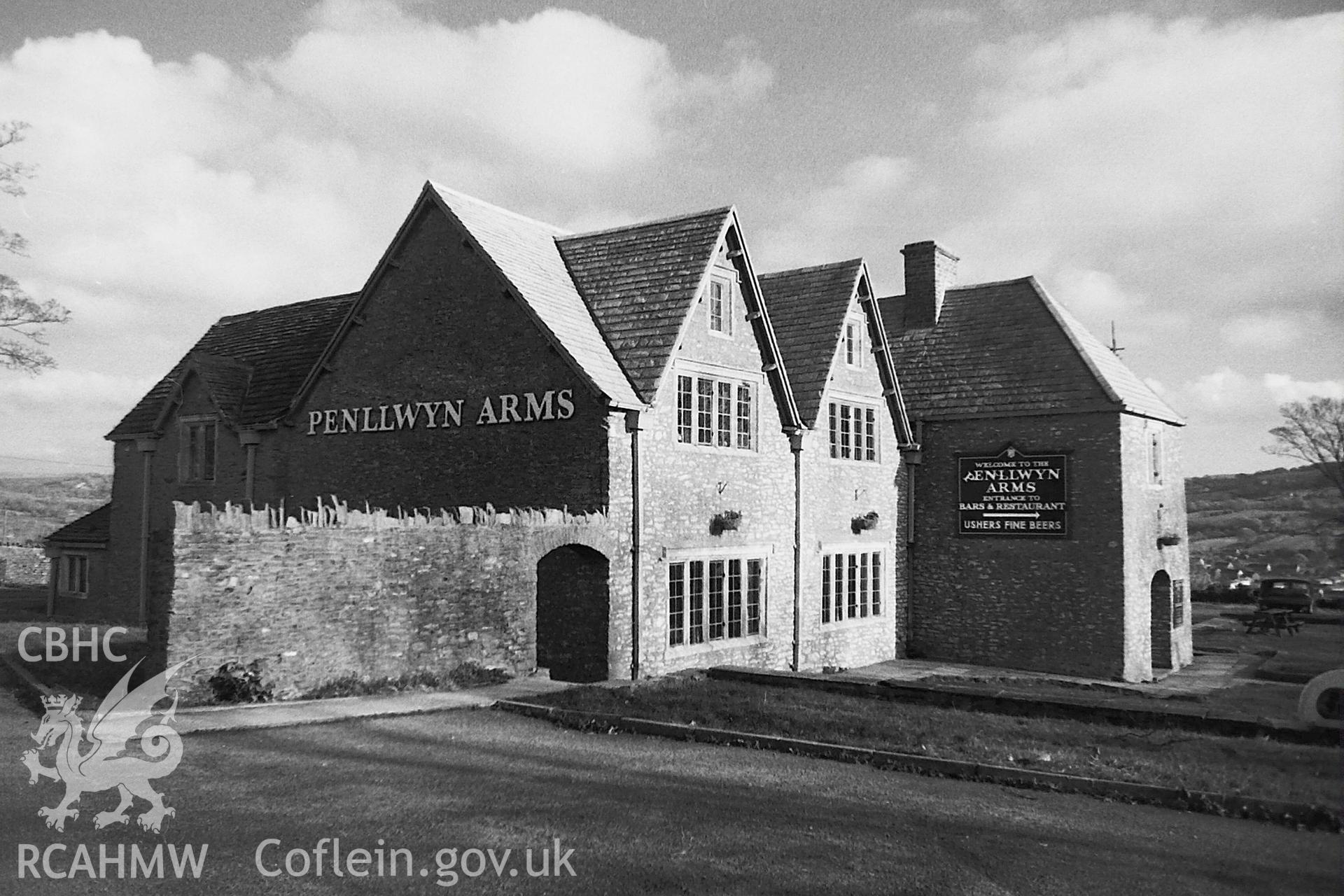 Digitised black and white photograph showing exterior view of Penllwyn Manor House, Pontllanfraith, taken by Paul Davis in 1990.