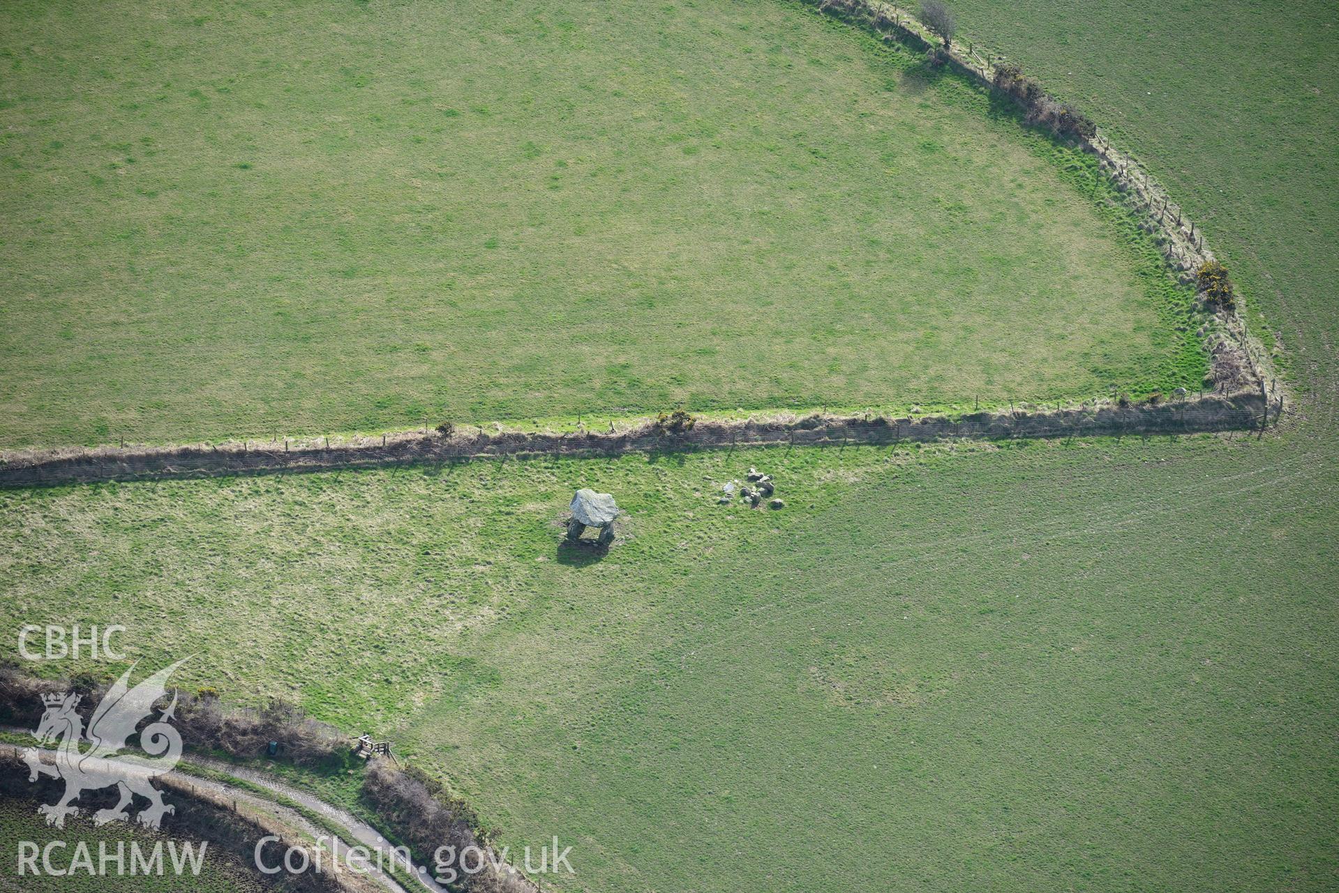 Llech-y-Drybedd chambered tomb, near Moylgrove, Cardigan. Oblique aerial photograph taken during the Royal Commission's programme of archaeological aerial reconnaissance by Toby Driver on 13th March 2015.