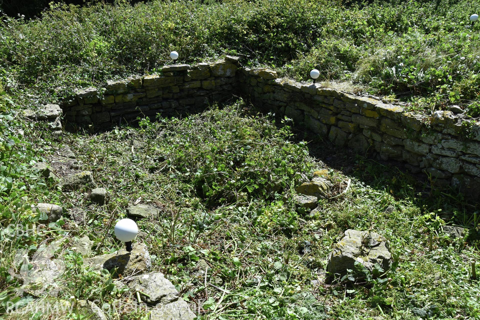 Investigator's photographic survey of the church on Puffin Island or Ynys Seiriol for the CHERISH Project. View showing survey work in the chancel to the east of the tower following vegetation clearance. ? Crown: CHERISH PROJECT 2018. Produced with EU funds through the Ireland Wales Co-operation Programme 2014-2020. All material made freely available through the Open Government Licence.