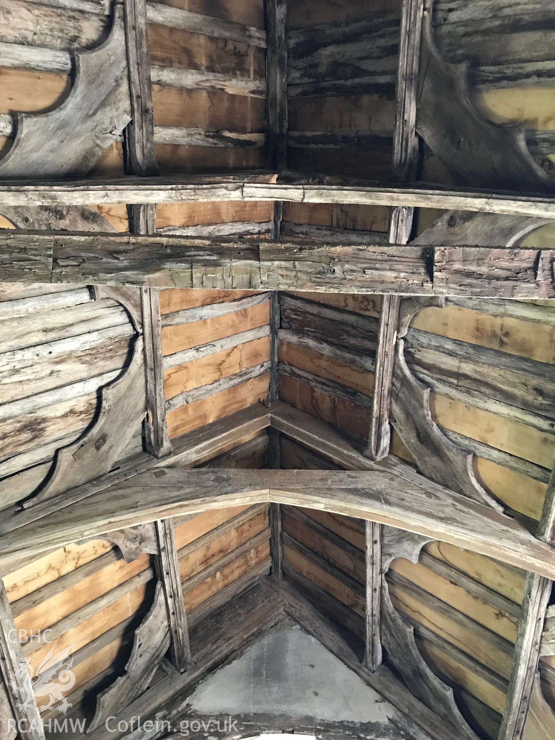 Colour photo showing interior view of the roof at St. Cewydd's Church, Diserth, taken by Paul R. Davis, 19th May 2018.