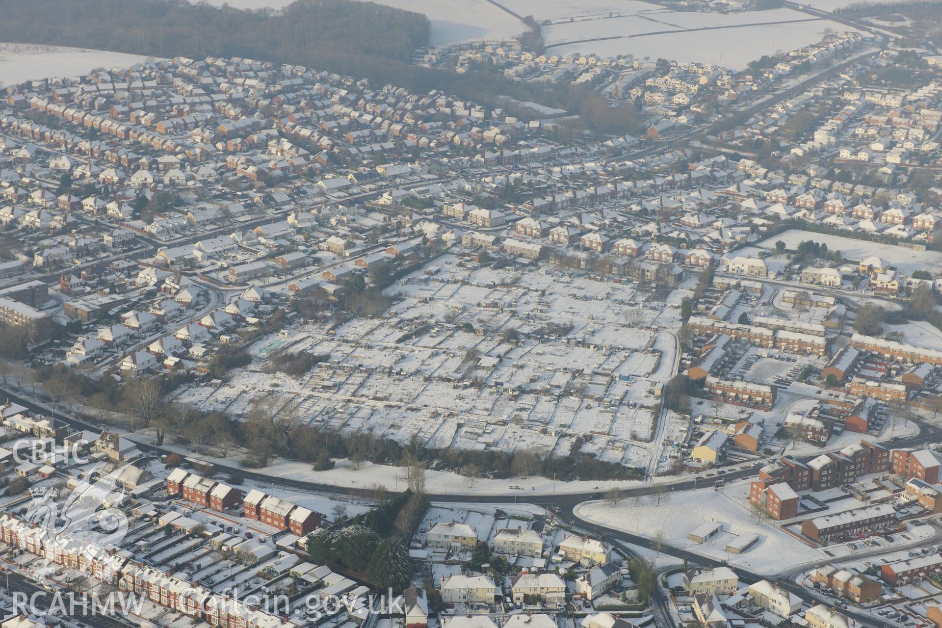 New Beggarswell Allotments, Barry. Oblique aerial photograph taken during the Royal Commission?s programme of archaeological aerial reconnaissance by Toby Driver on 24th January 2013.