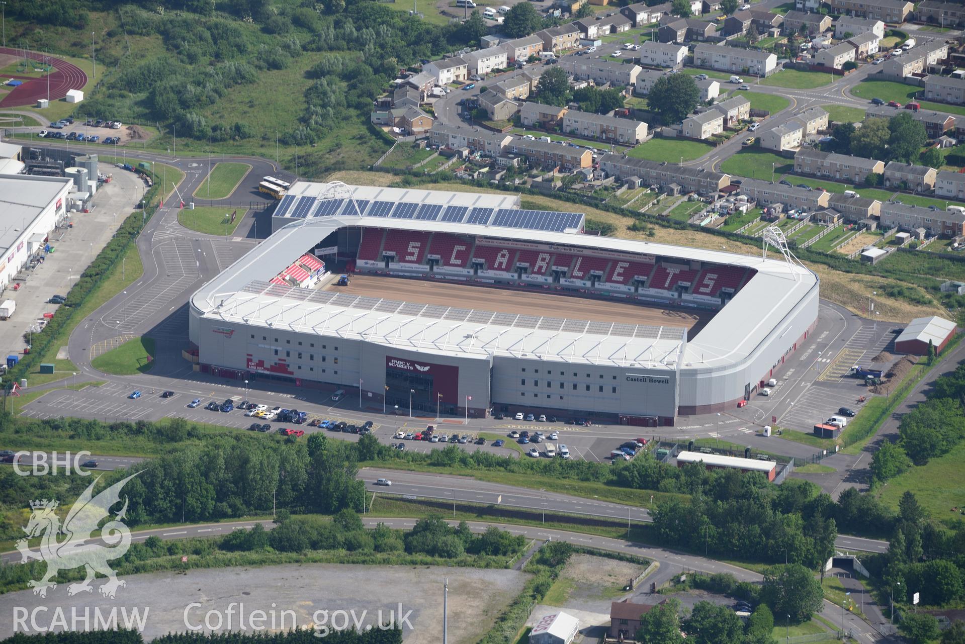 Parc-y-Scarlets Stadium, Llanelli. Oblique aerial photograph taken during the Royal Commission's programme of archaeological aerial reconnaissance by Toby Driver on 19th June 2015.