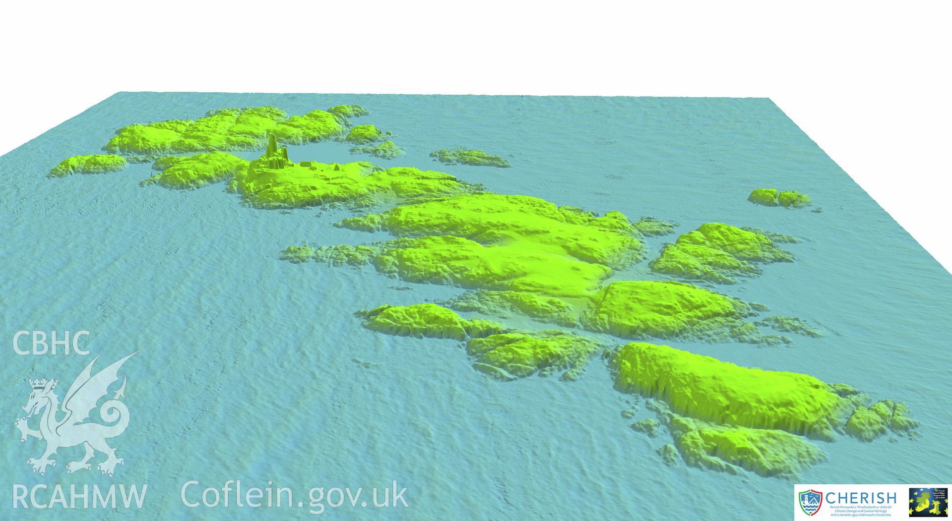 Ynysoedd y Moelrhoniaid (The Skerries islet). Airborne laser scanning (LiDAR) commissioned by the CHERISH Project 2017-2021, flown by Bluesky International LTD at low tide on 24th February 2017. View showing The Skerries Islet and its lighthouse from the