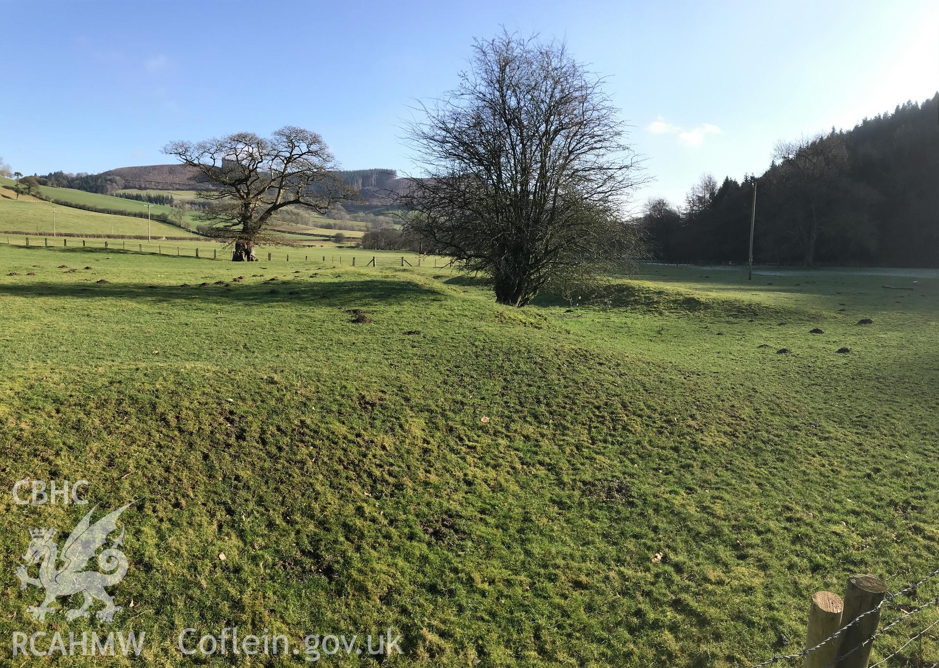 Digital colour photograph showing Mynachdy moat possible monastic grange, Llangunllo, taken by Paul Davis on 7th February 2020.