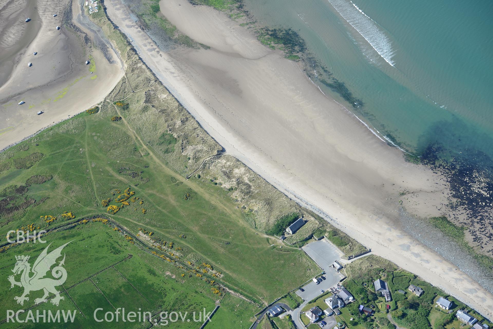 Aerial photography of St Tanwg's Church taken on 3rd May 2017.  Baseline aerial reconnaissance survey for the CHERISH Project. ? Crown: CHERISH PROJECT 2017. Produced with EU funds through the Ireland Wales Co-operation Programme 2014-2020. All material