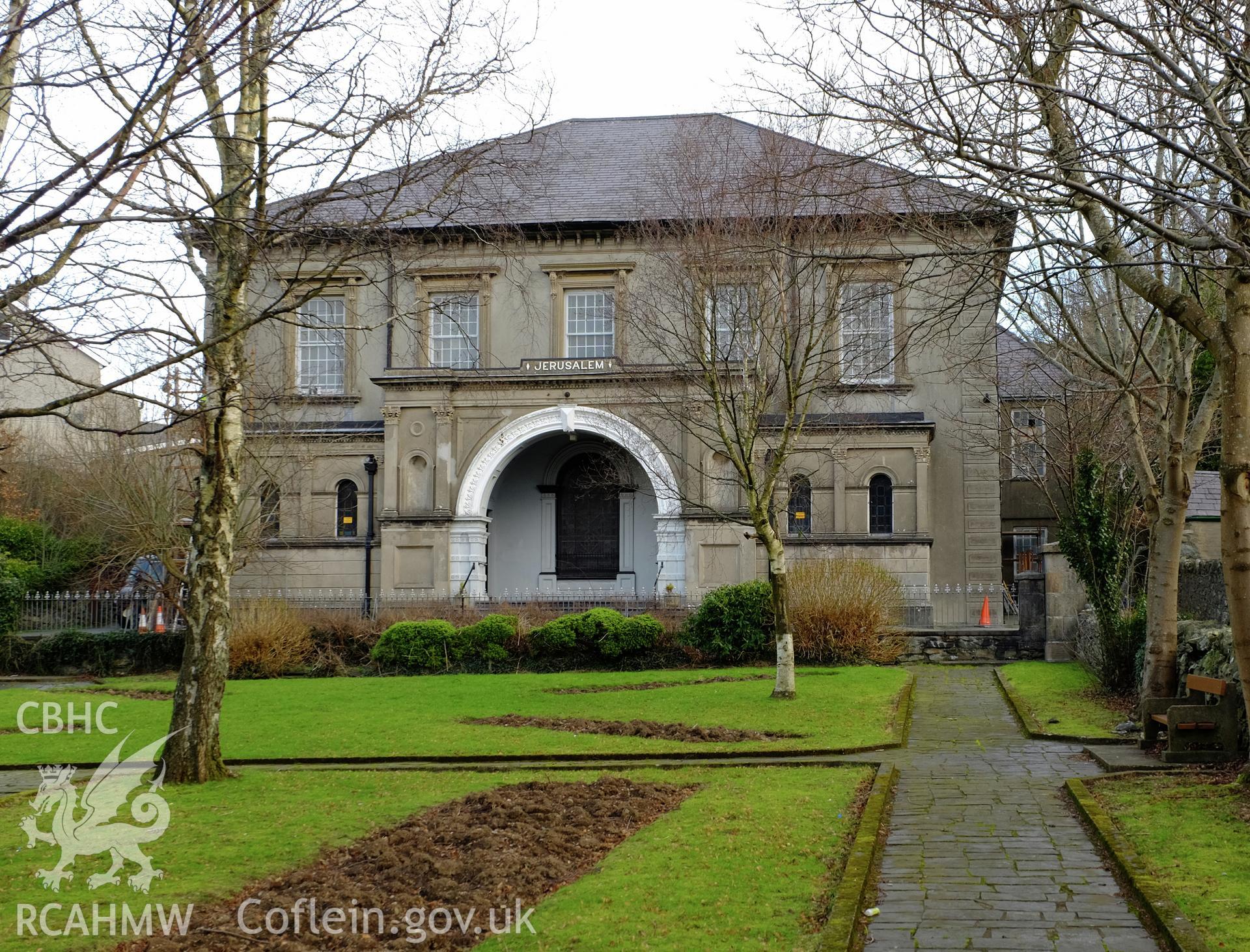 Colour photograph showing view looking north at Jerusalem Chapel, Bethesda, produced by Richard Hayman 16th February 2017