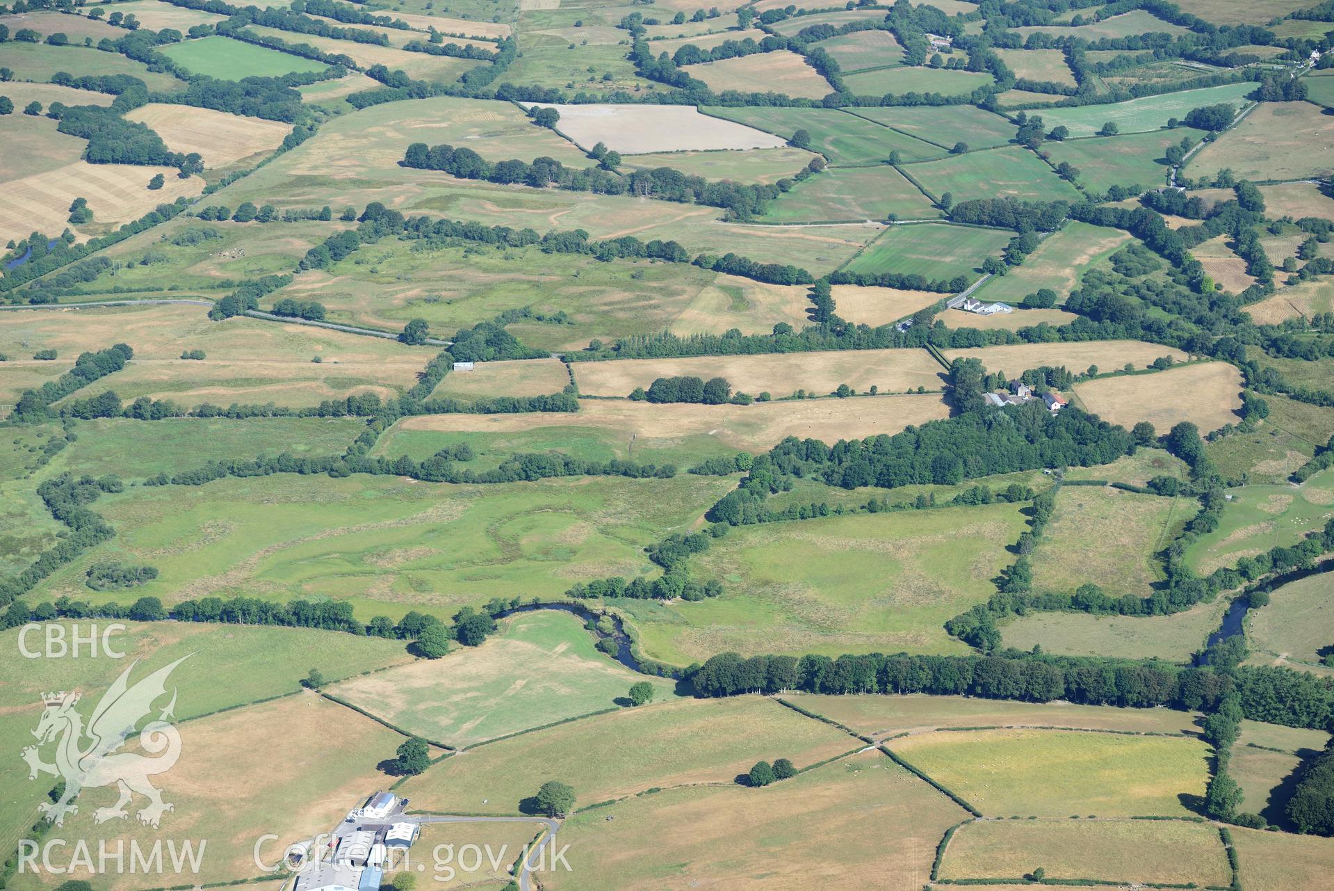 Royal Commission aerial photography of the Roman road approaching Llanio Roman fort taken on 19th July 2018 during the 2018 drought.