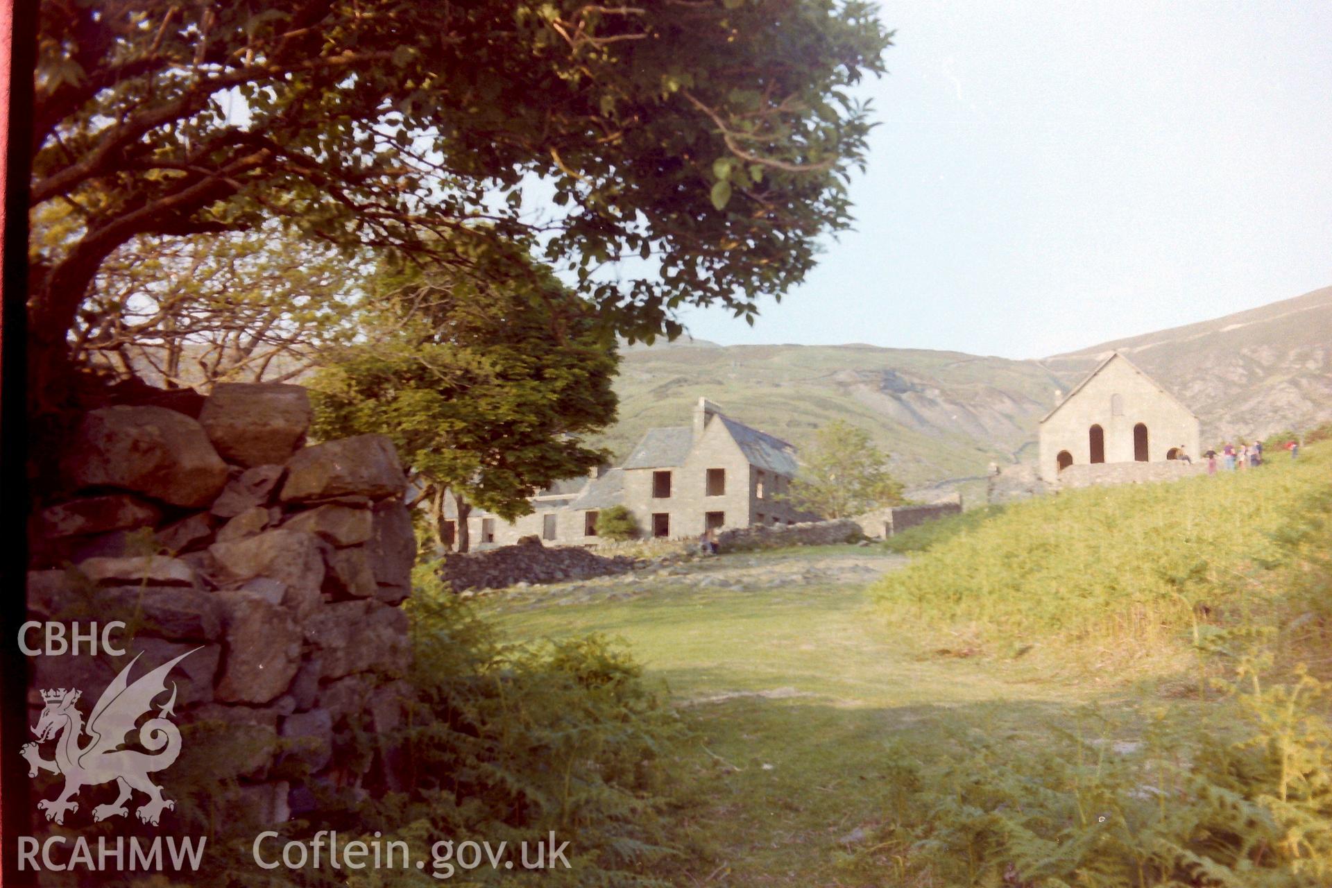 Digitised colour photograph showing front elevation of bakery and chapel at Porth-y-Nant. Produced during a Bachelor of Architecture dissertation: 'The Form & Architecture of Nineteenth Century Industrial Settlements in Rural Wales' by Martin Davies, 1979.