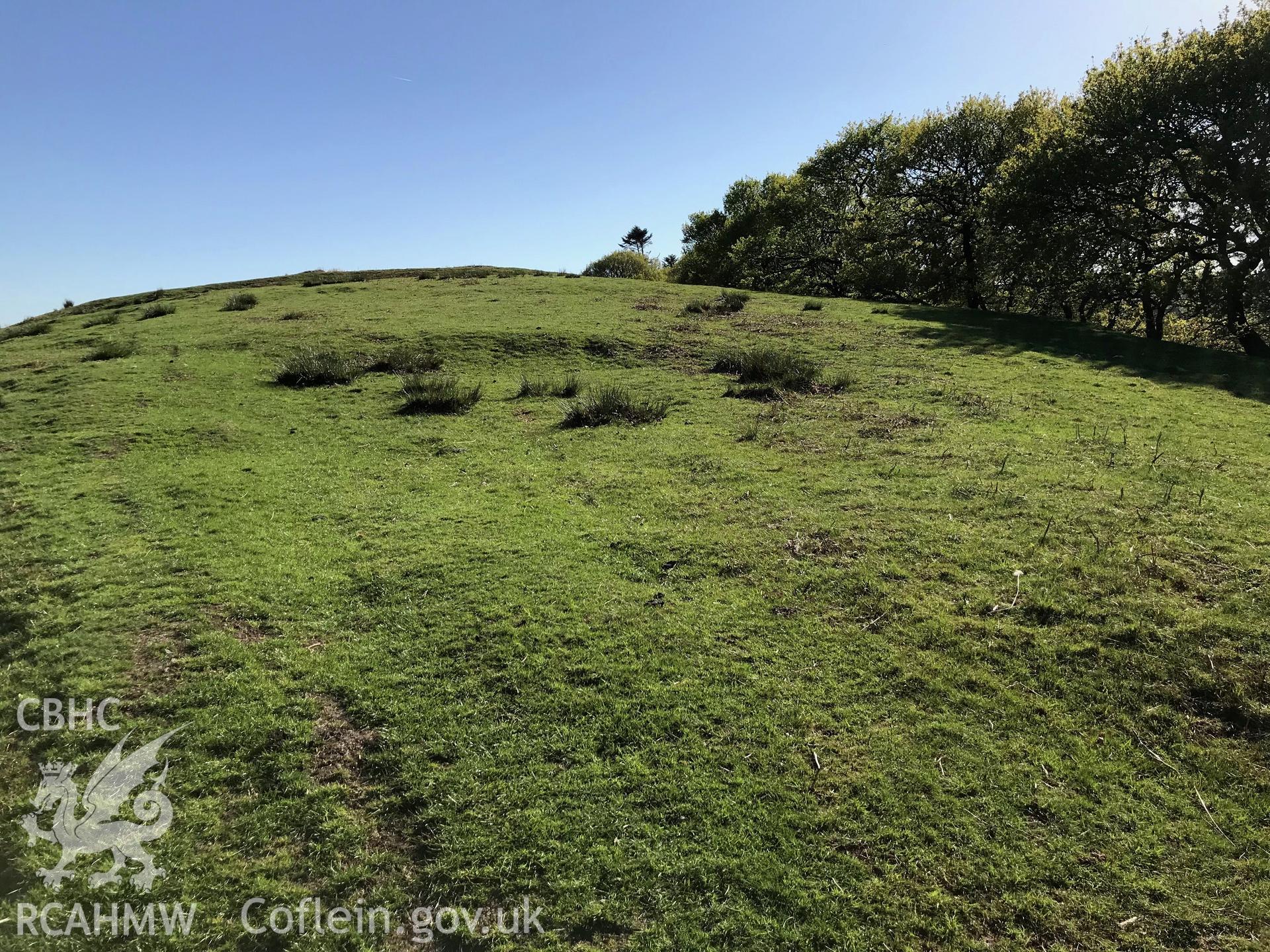 Colour photo of the house platform near Twdin, Treflys, taken by Paul R. Davis, 14th May 2018.