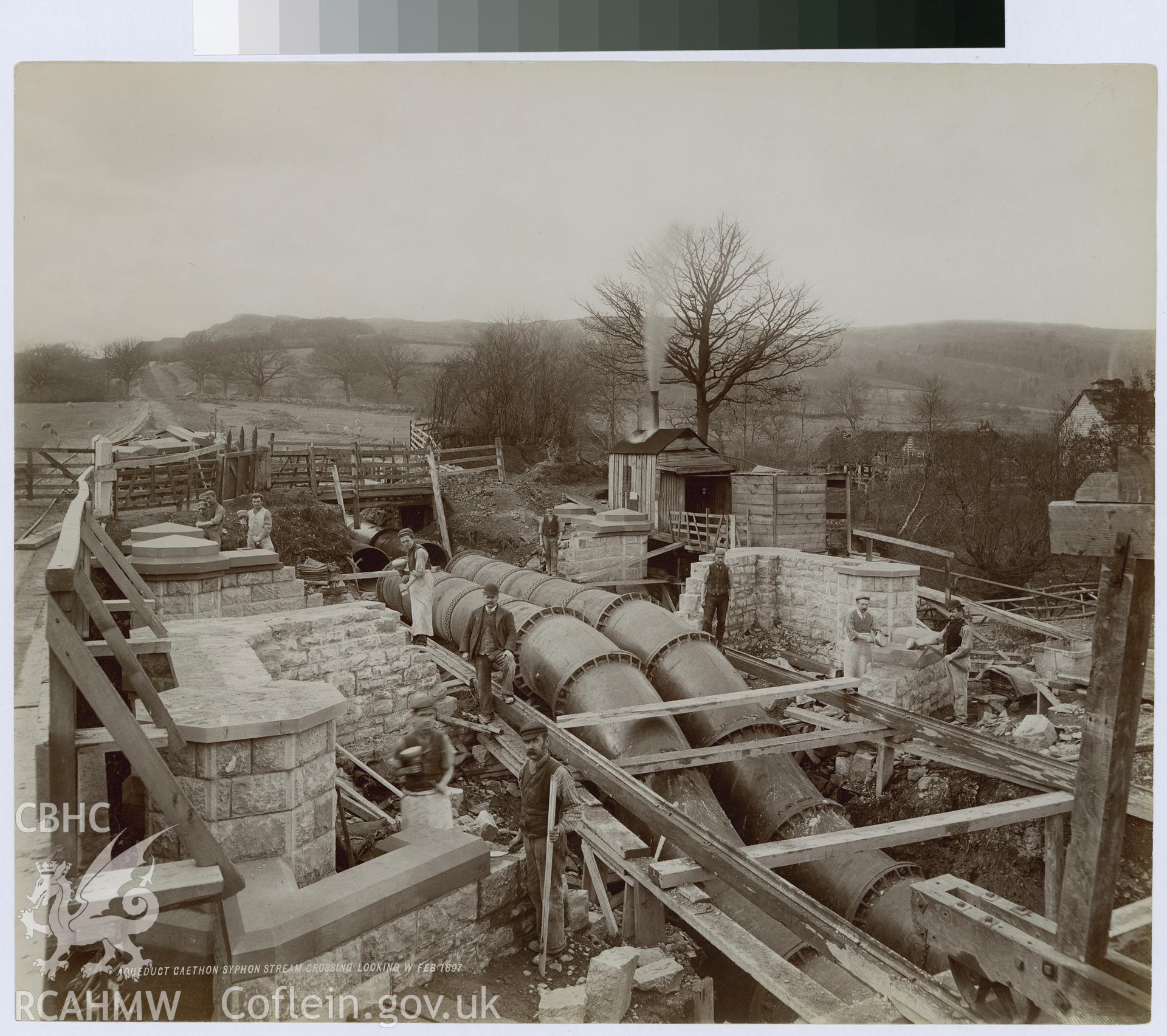 Digital copy of an albumen print from Edward Hubbard Collection showing aqueduct at Caethon Syphon Stream Crossing looking west, taken February 1897.