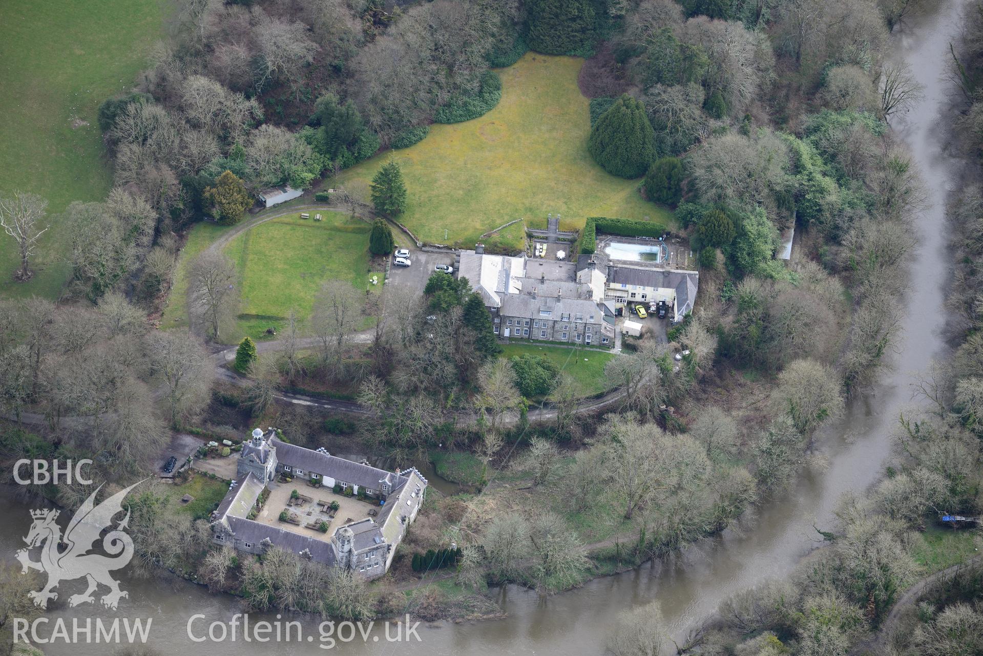 Castell Malgwyn and associated garden and outbuildings, Llechryd, near Cardigan. Oblique aerial photograph taken during the Royal Commission's programme of archaeological aerial reconnaissance by Toby Driver on 13th March 2015.