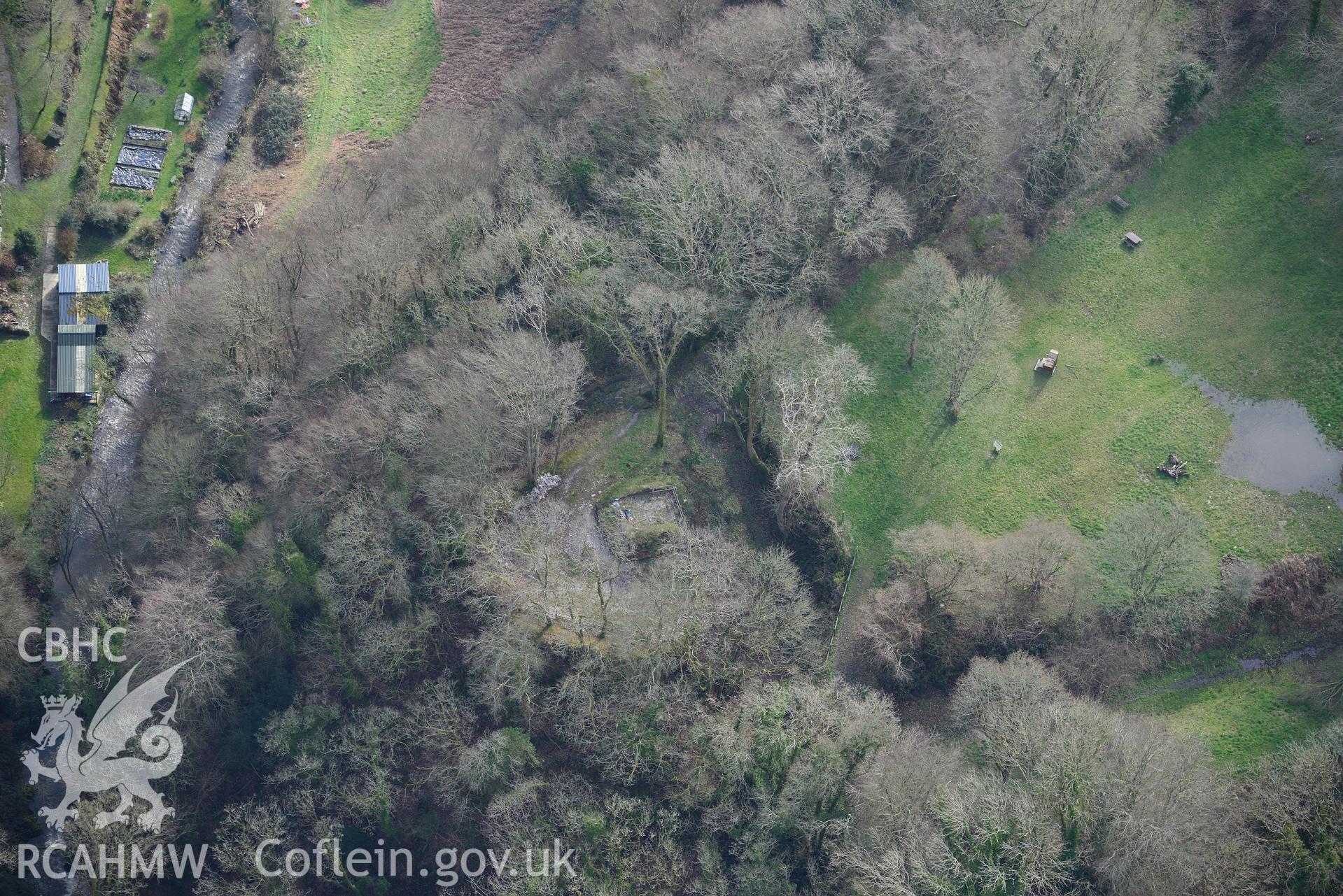 Nevern Castle, Nevern, between Cardigan and Fishguard. Oblique aerial photograph taken during the Royal Commission's programme of archaeological aerial reconnaissance by Toby Driver on 13th March 2015.