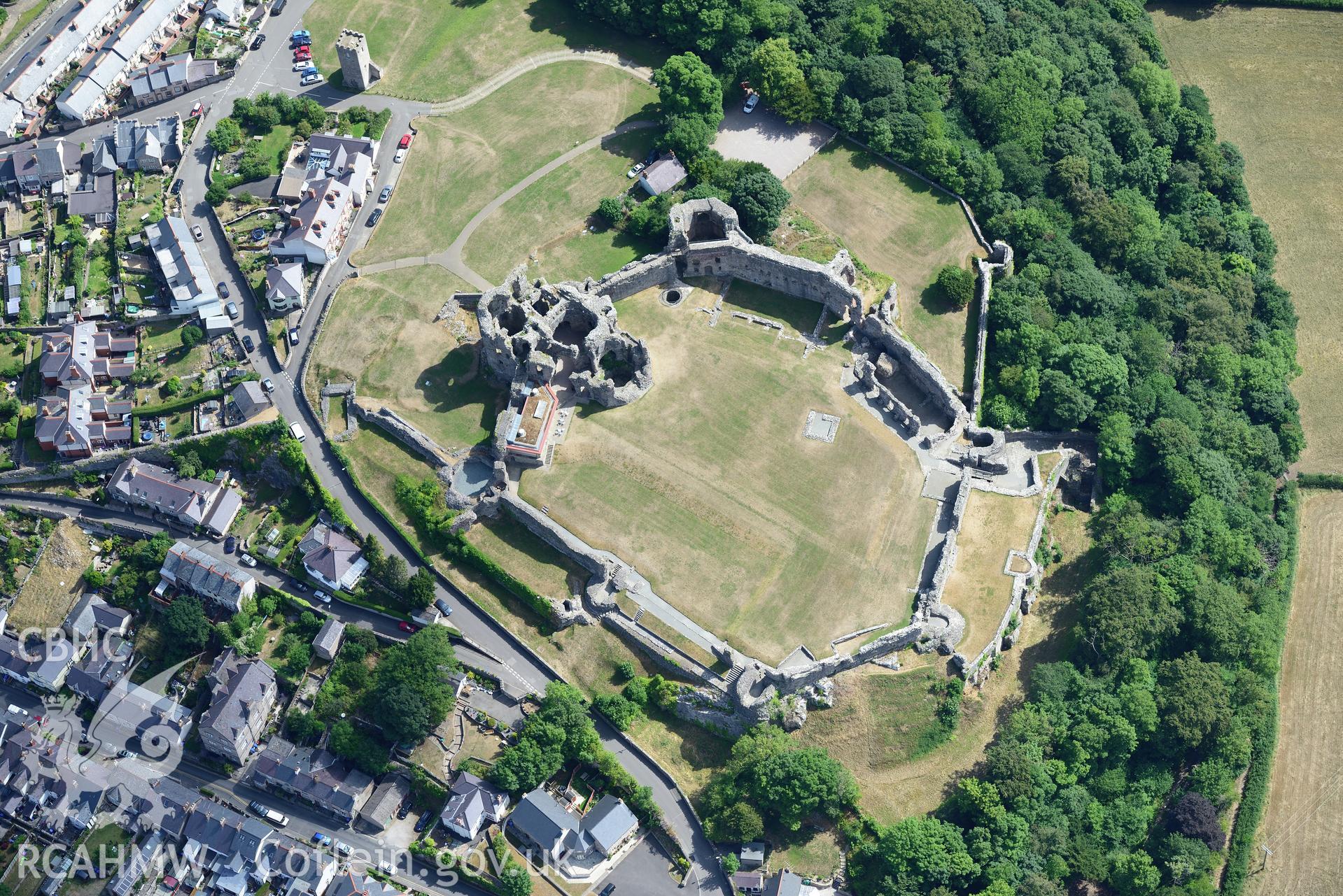 Royal Commission aerial photography of Denbigh Castle with extensive parchmarks taken on 19th July 2018 during the 2018 drought.