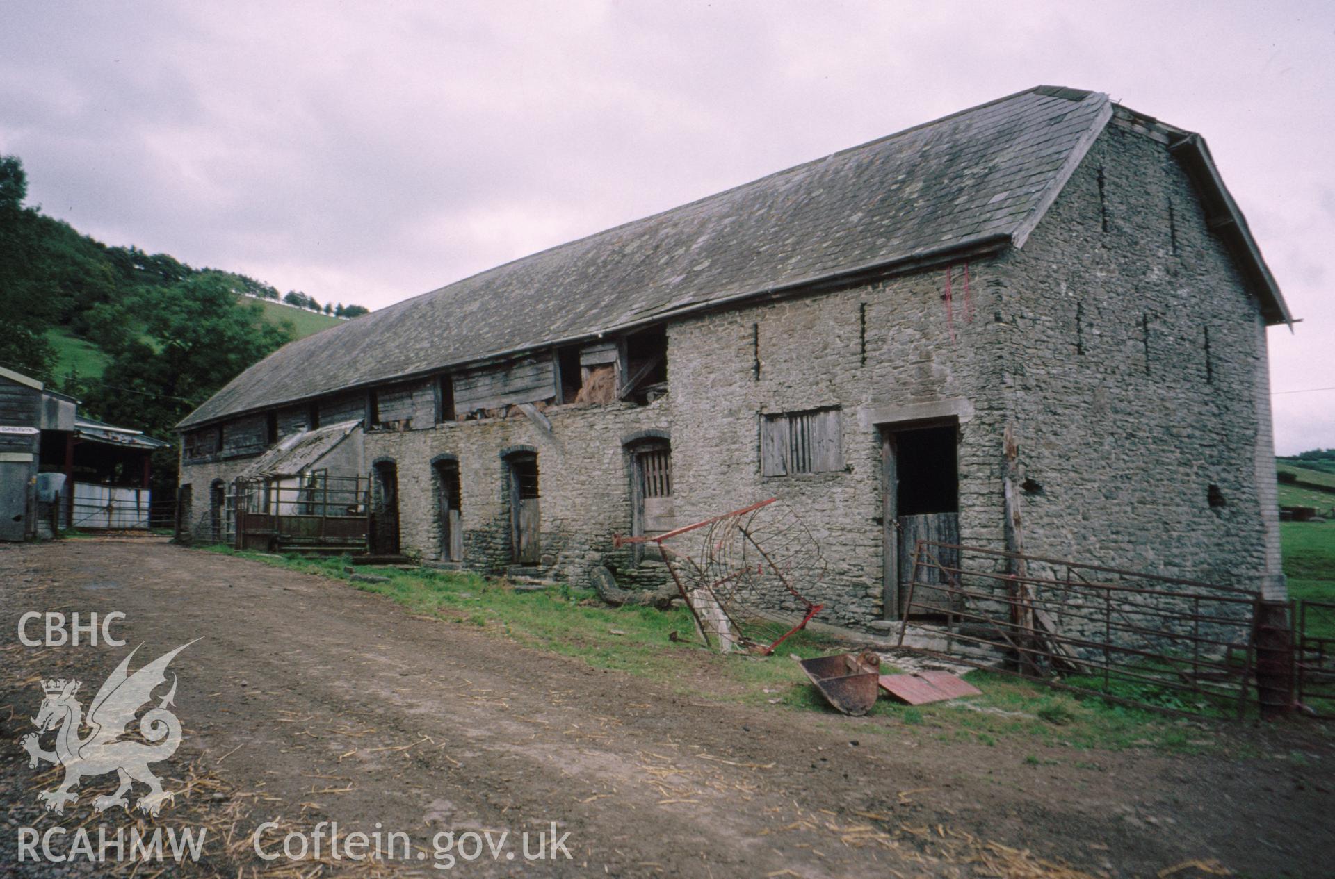 Digital copy of a colour slide showing an exterior view of Pilleth Court Farm Building.