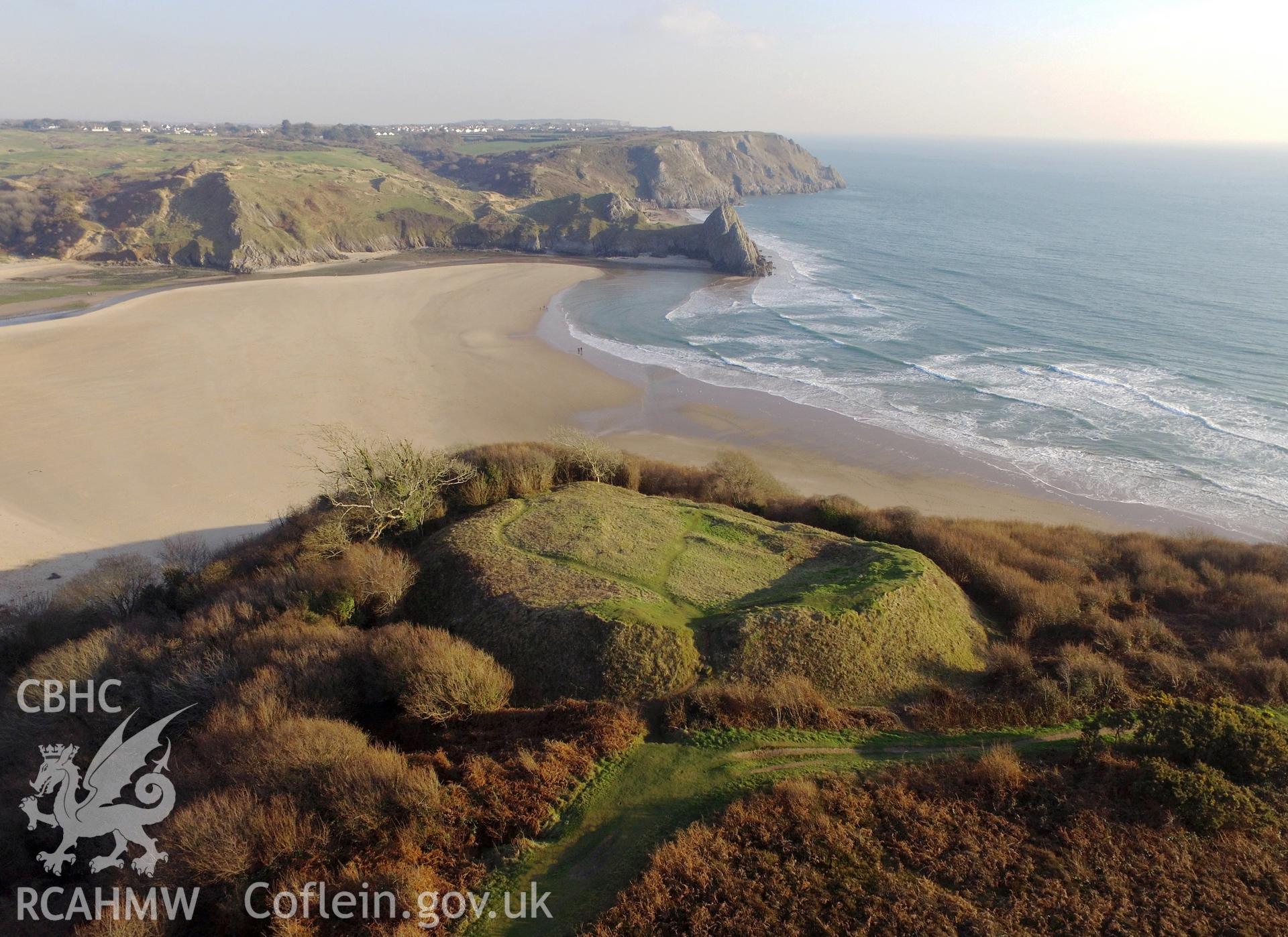 View from the west of Castle Tower overlooking Threecliff Bay, on the southern edge of the Gower Peninsula. Colour photograph taken by Paul R. Davis on 21st January 2017.