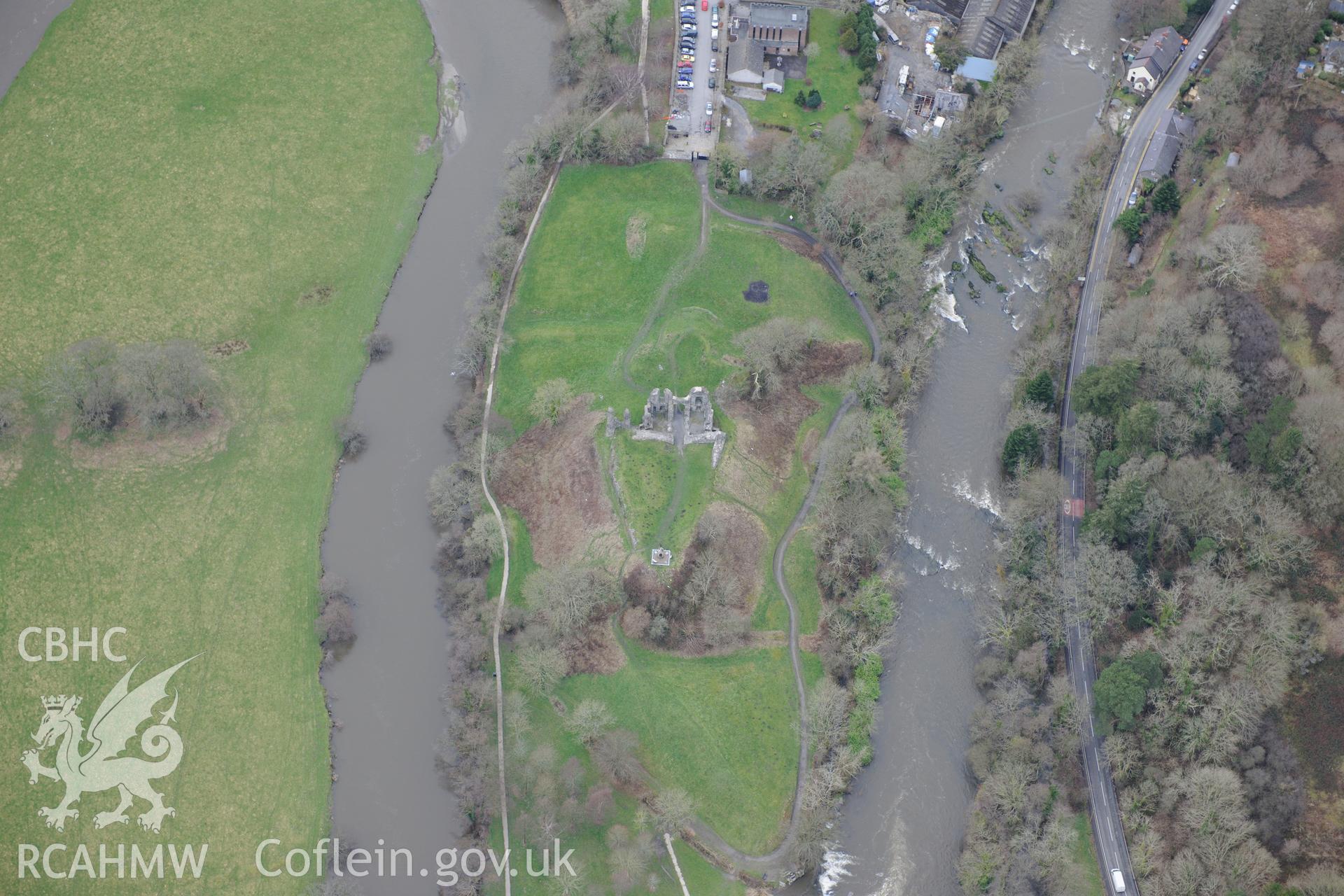 Newcastle Emlyn castle. Oblique aerial photograph taken during the Royal Commission's programme of archaeological aerial reconnaissance by Toby Driver on 13th March 2015.