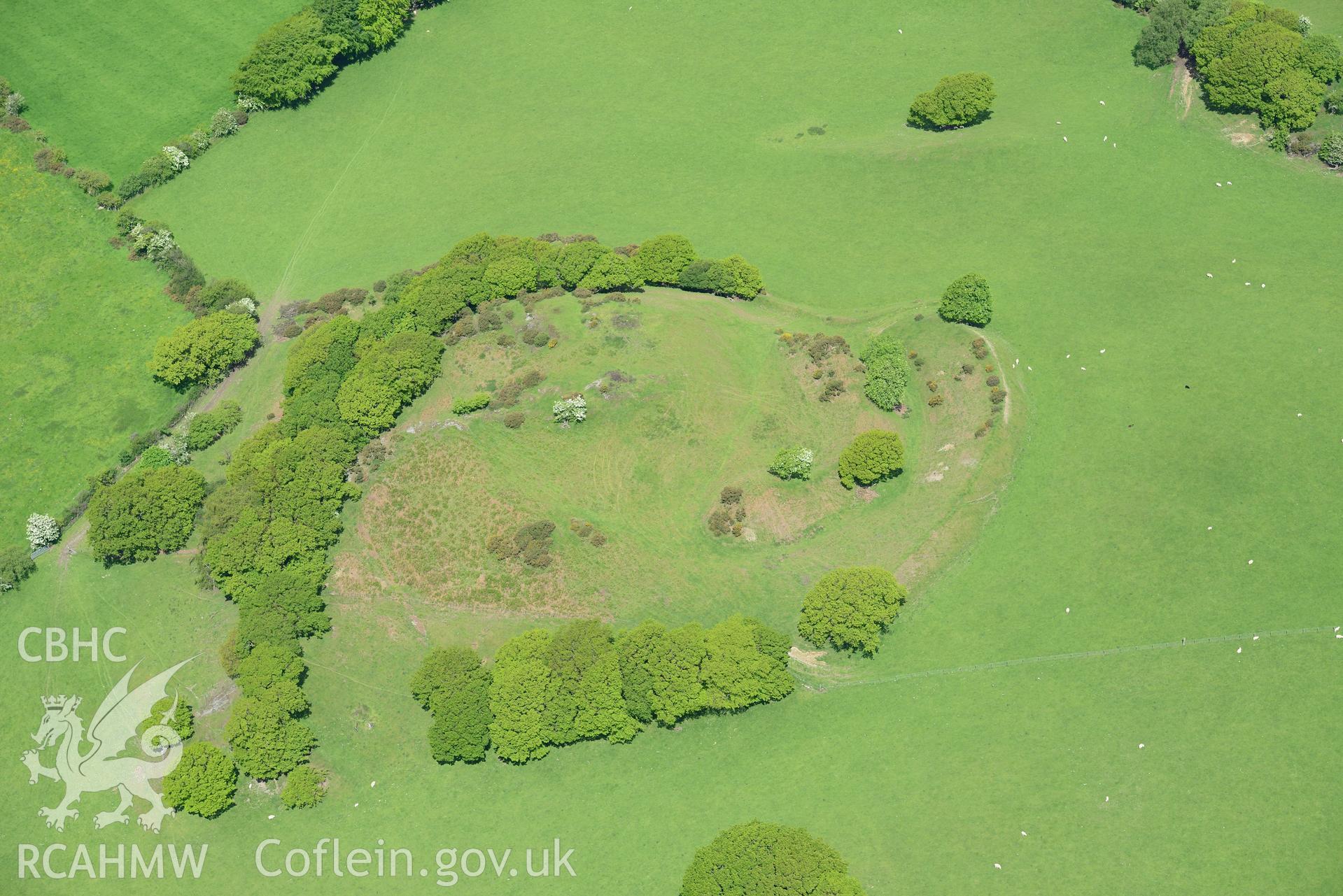 Castell Tregaron. Oblique aerial photograph taken during the Royal Commission's programme of archaeological aerial reconnaissance by Toby Driver on 3rd June 2015.