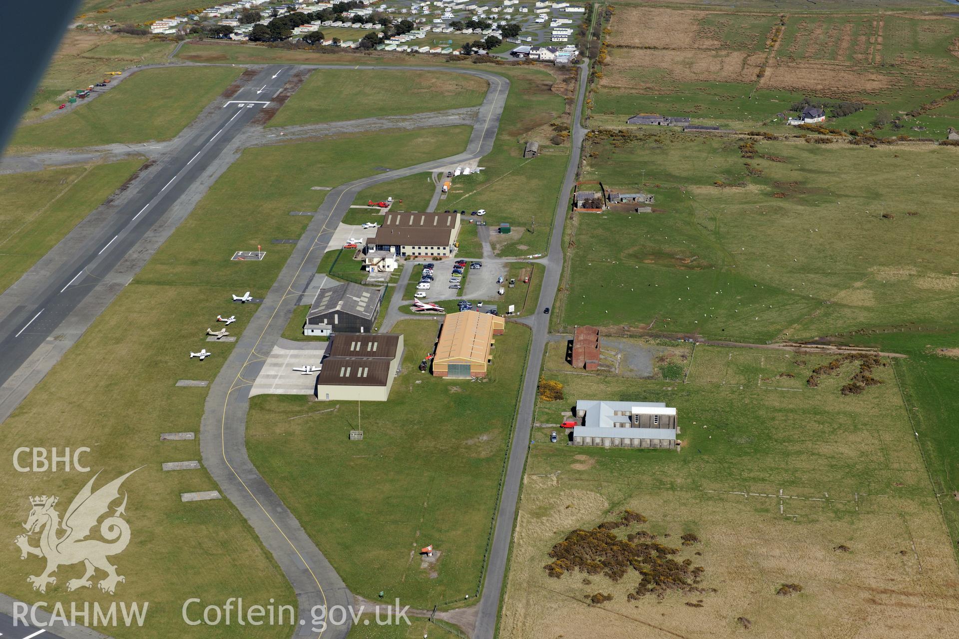 Caernarfon airfield and control tower. Oblique aerial photograph taken during the Royal Commission?s programme of archaeological aerial reconnaissance by Toby Driver on 1st May 2013.