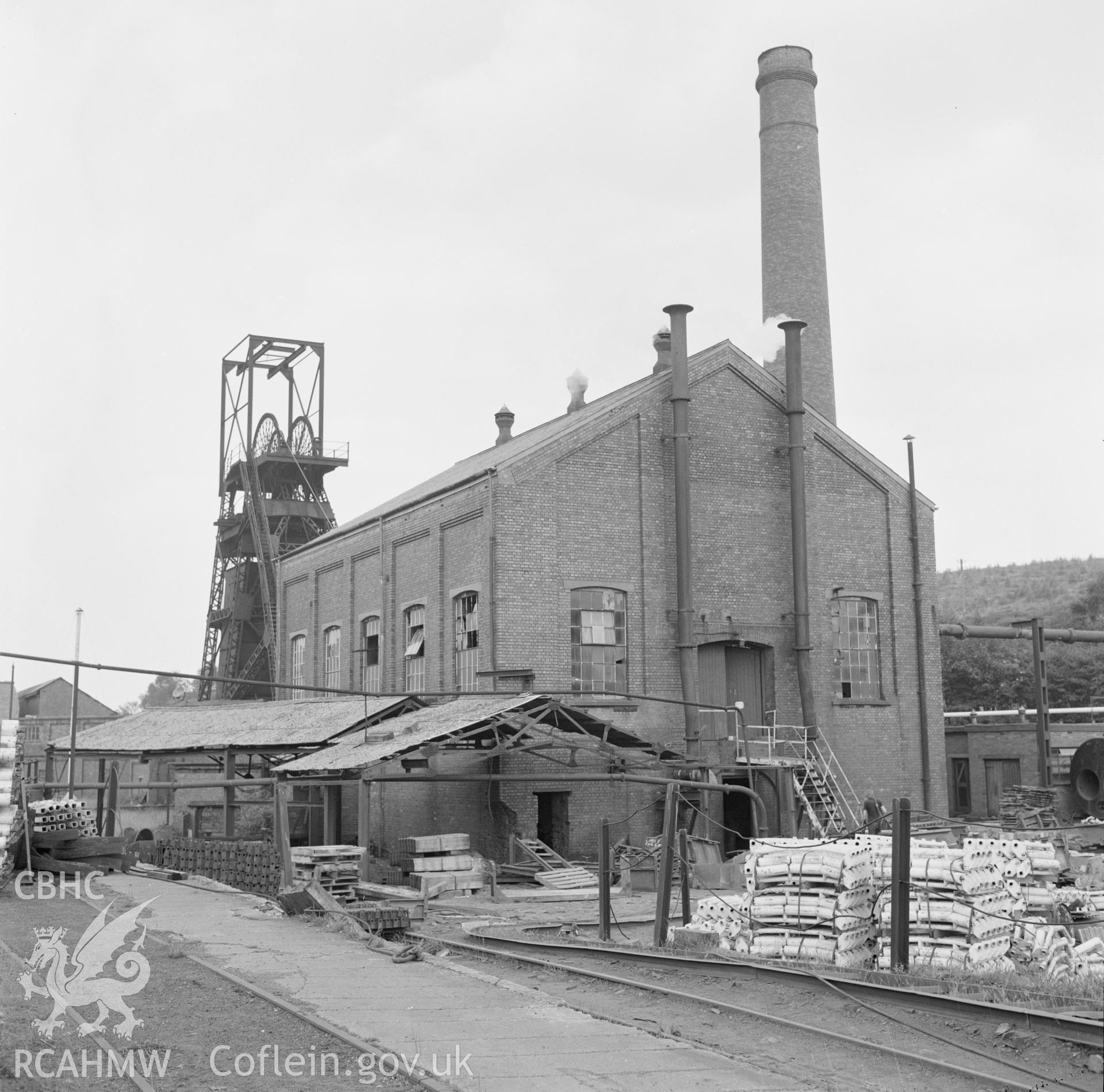 Digital copy of an acetate negative showing exterior of engine house for Markham steam winder at Cefn Coed Colliery, from the John Cornwell Collection.