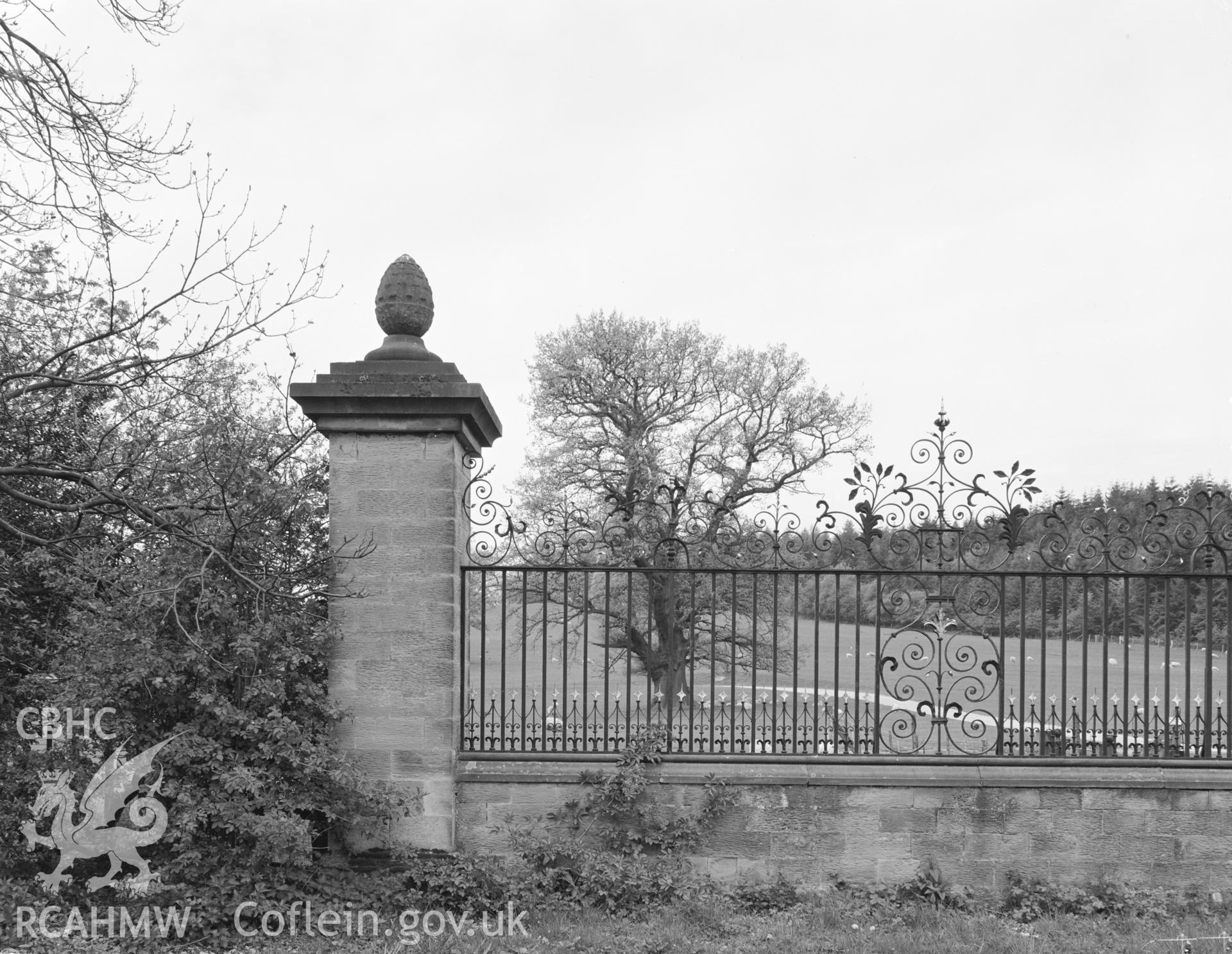 Digital copy of an acetate negative showing view of Chirk Castle gates taken by Department of Environment in 1977.