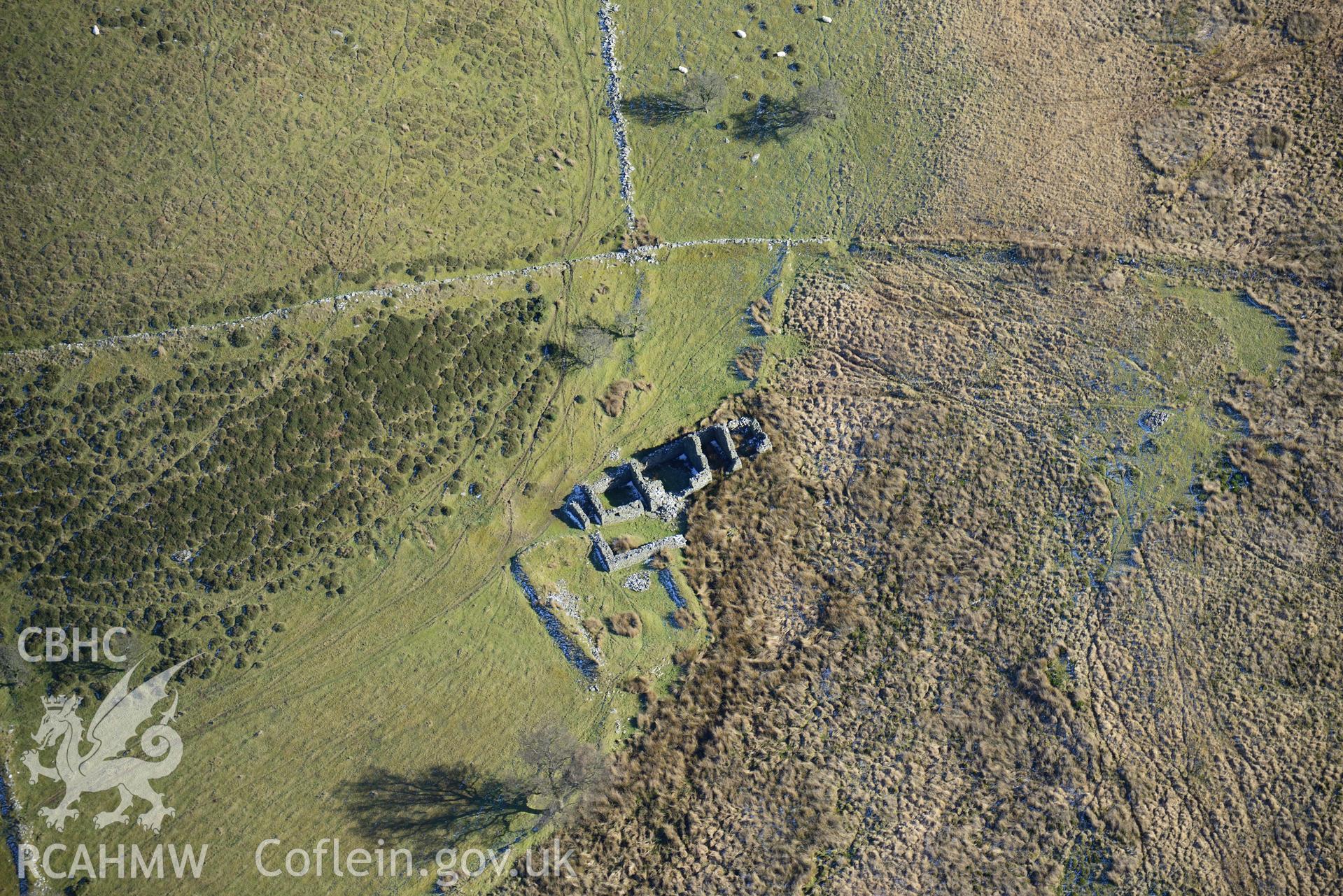 Ruins of Ochr Bryn Lloi farmhouse, east of Tregaron. Oblique aerial photograph taken during the Royal Commission's programme of archaeological aerial reconnaissance by Toby Driver on 4th February 2015.