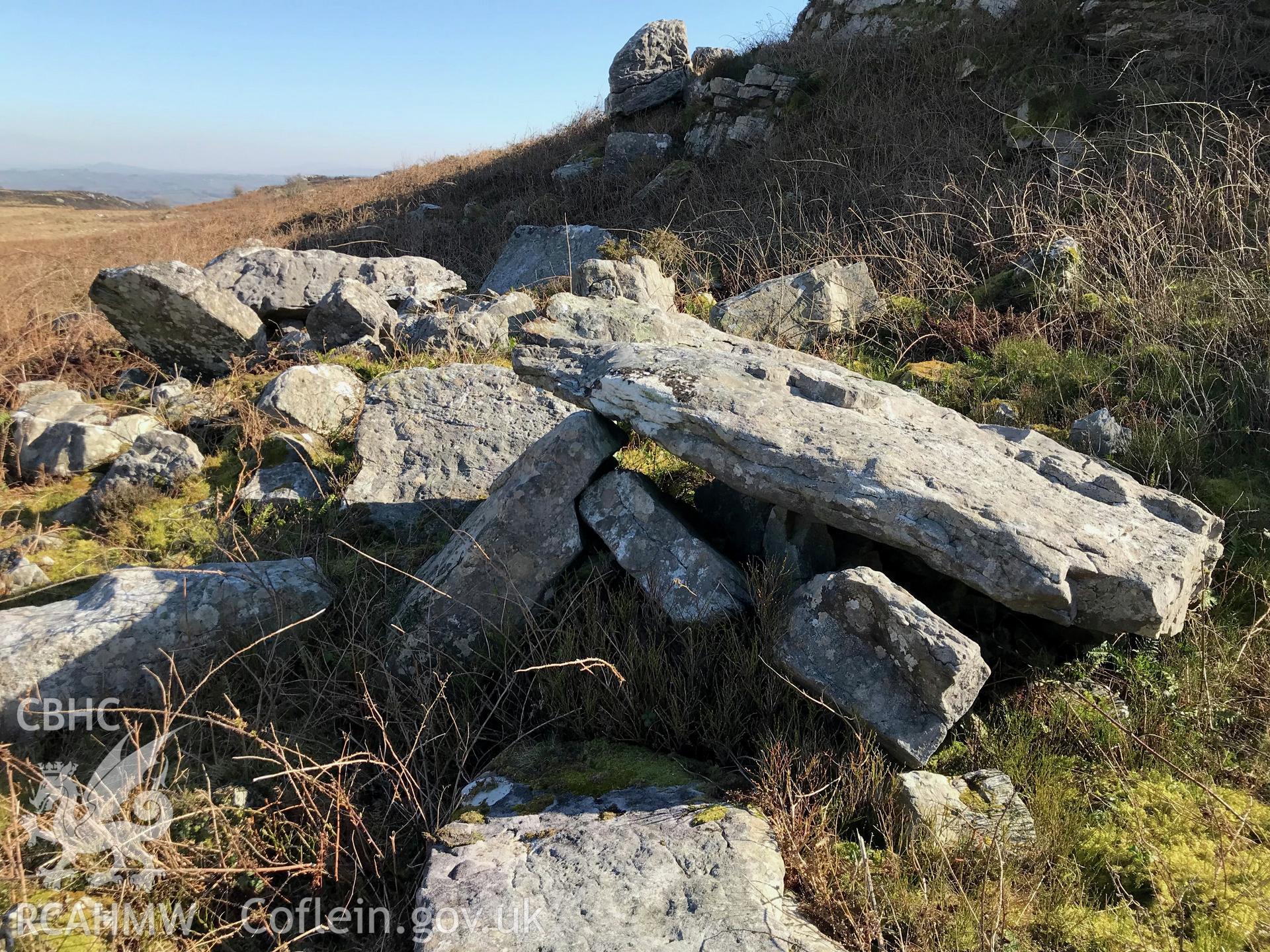 Digital colour photograph of burial chambers at Mynydd Llangyndeyrn, taken by Paul R. Davis on 26th February 2019.