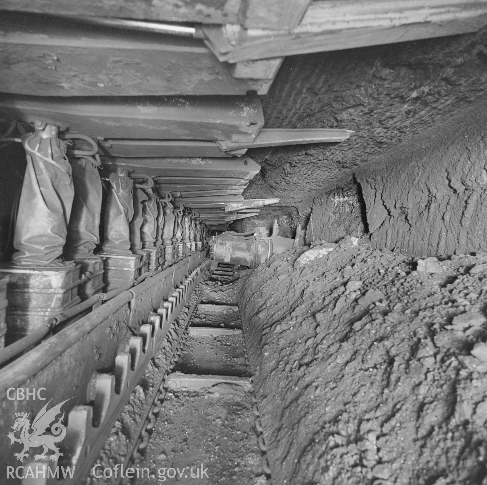 Digital copy of an acetate negative showing OC 4s coal face at Marine Colliery, from the John Cornwell Collection.