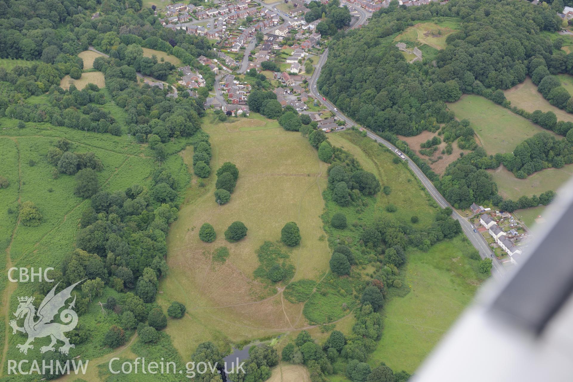 Caergwrle and Caergwrle Castle. Oblique aerial photograph taken during the Royal Commission's programme of archaeological aerial reconnaissance by Toby Driver on 30th July 2015.