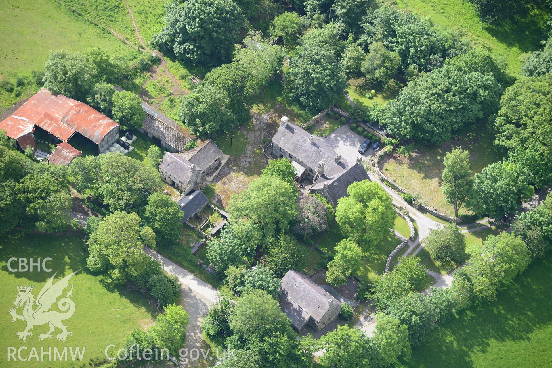 Penarth Fawr hall, stables and granary, near Chwilog. Oblique aerial photograph taken during the Royal Commission's programme of archaeological aerial reconnaissance by Toby Driver on 23rd June 2015.