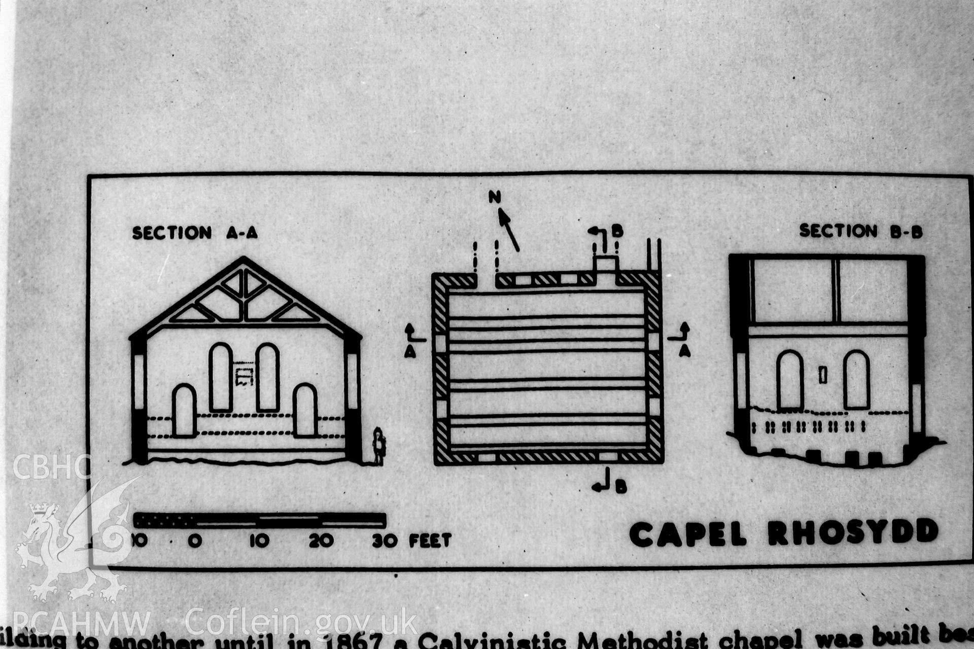 Digitised diagram showing elevations of Rhosydd chapel, from 'Rhosydd Slate Quarry' by M. J. T. Lewis and J. H. Denton. Reproduced in Martin Davis' dissertation: 'The Form and Architecture of Nineteenth Century Industrial Settlements in Rural Wales,' 1979.
